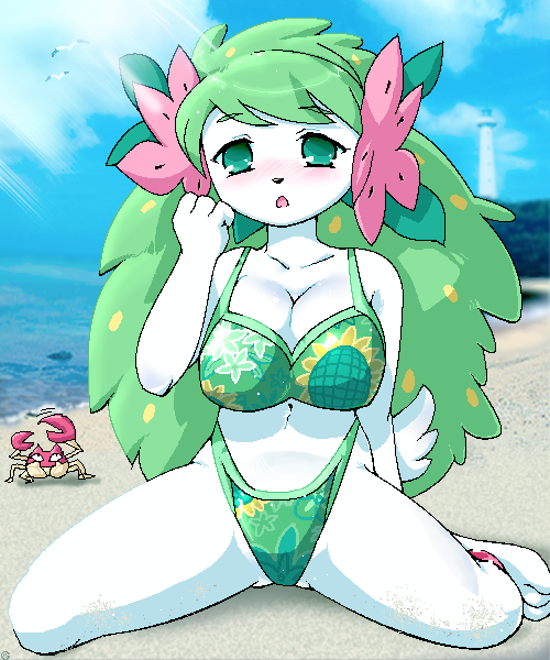 1girls beach bikini blush breasts crab crab_claw eyebrows_visible_through_hair female flower_in_hair furry g-sun game_freak green_bikini green_eyebrows green_eyes green_hair krabby large_breasts lighthouse long_hair looking_at_viewer nintendo pokémon_(species) pokemon pokemon_(game) pokemon_(species) pokemon_dppt pokemon_rgby pokemorph sand seaside shaymin tail water white_skin