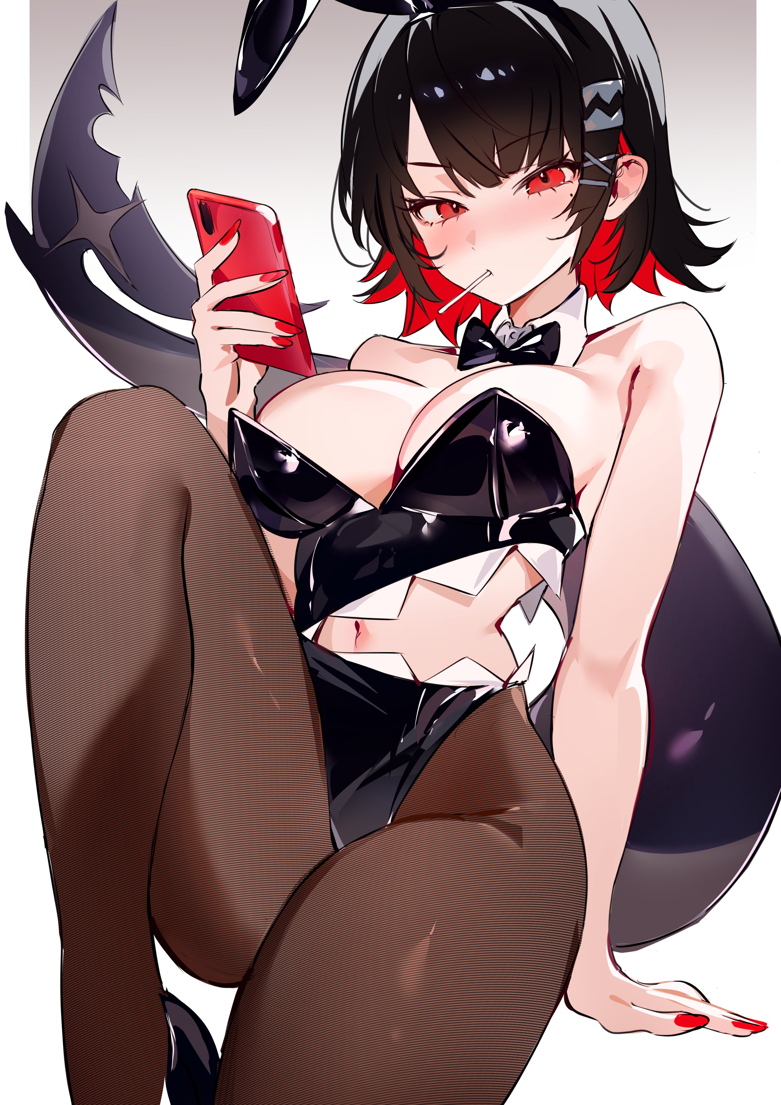 1girls, ass, big ass, big breasts, big thighs, black hair, breasts, bunny ears, bunny girl, bunnysuit, choker, ellen joe, female, huge ass, huge thighs, leotard, lolipop, monster girl, pantyhose, pink hair, red eyes, shark, shark girl, shark tail, short hair, tagme, thick thighs, thighs, tomboy, woppu (woppuru), zenless zone zero