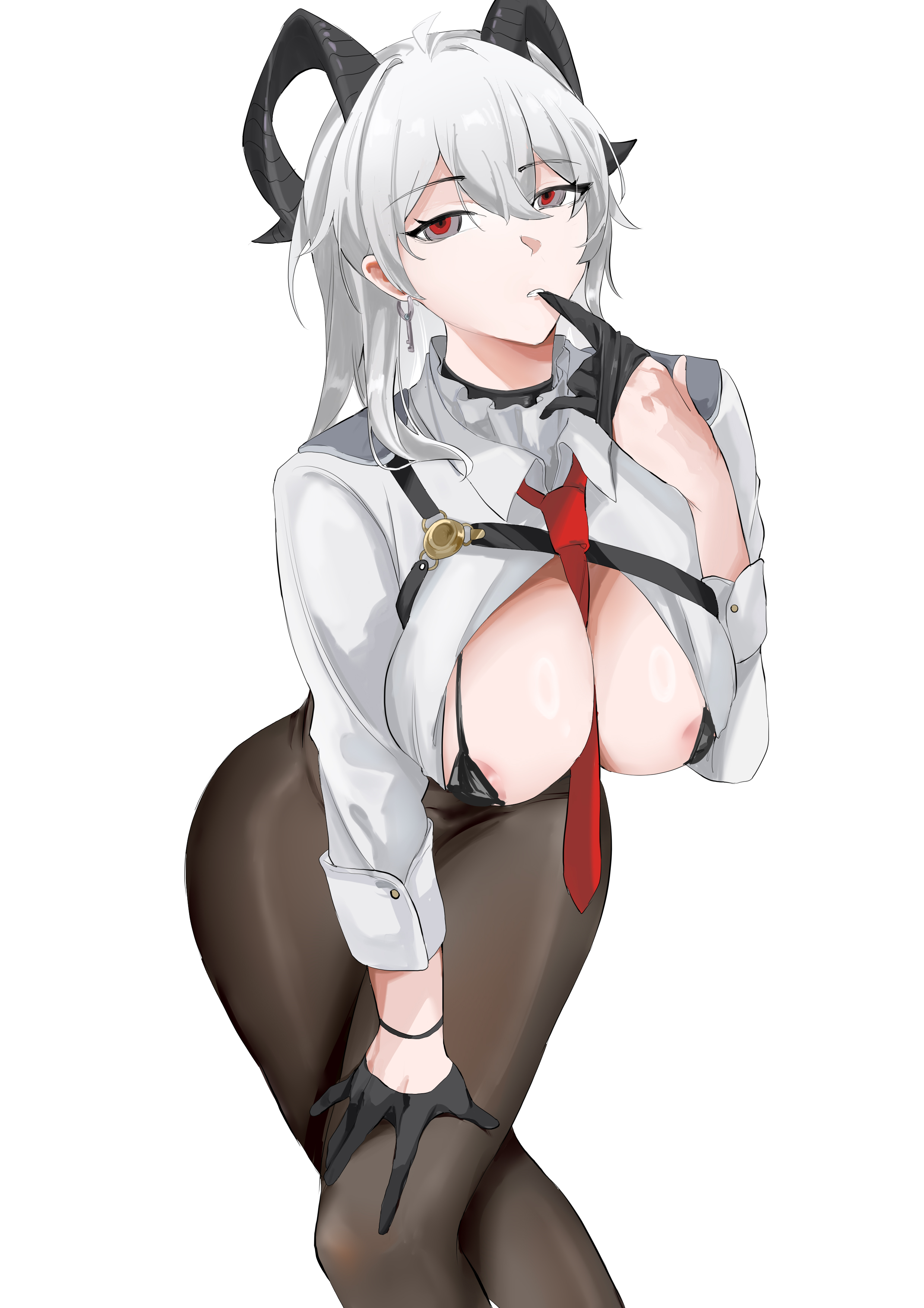 areola slip, ass, breasts, cleavage, female, female only, horns, micro bikini, pantyhose, red eyes, somber egg, thighband pantyhose, wuthering waves, zani (wuthering waves)