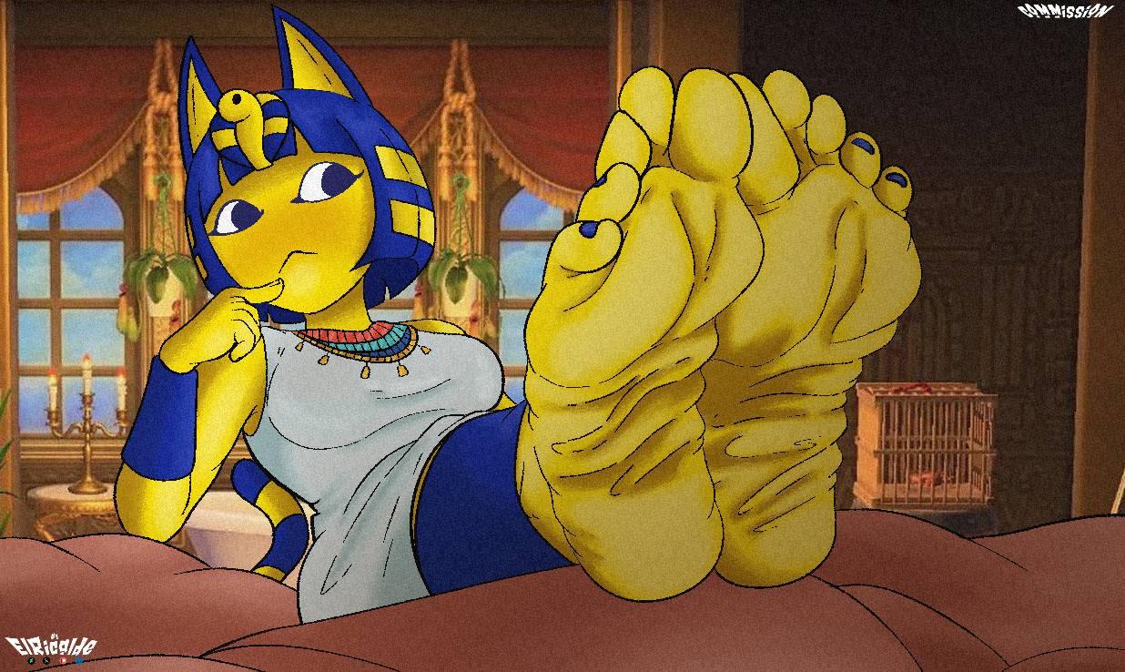 1girls, animal crossing, ankha, ankha (animal crossing), anthro, anthrofied, anthropomorphic, big toes, blue and yellow, blue eyes, blue toenails, commission, commission art, egyptian, egyptian clothes, egyptian clothing, elricalde, feet, feet focus, feet together, feet up, feline, female, female only, finger on face, foot fetish, observing, smelly, smelly feet, soles, soles feet, soles female, soles fetish, toes, wide feet, wrinkled feet, wrinkled skin, wrinkled soles, wrinkles, wrinkly feet, wrinkly soles, yellow feet, yellow skin