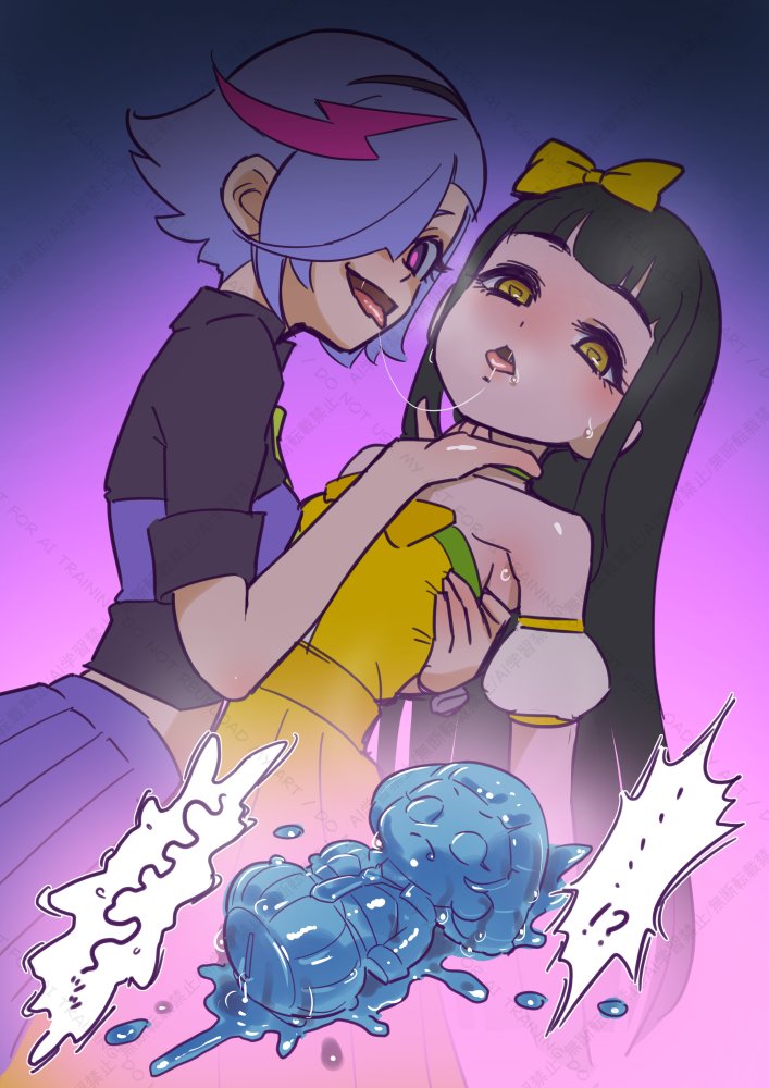 2girls, after kiss, black hair, dark chii, dress, female, female only, hair ribbon, himitsu no aipri, idol, light skin, light-skinned female, long hair, mamiya chii, muramura hito, ntr, personality excretion, pretty series, purple hair, saliva trail, short hair, suzukaze tsumugi, syn sophia, takara tomy, tongue, tongue out, yellow eyes