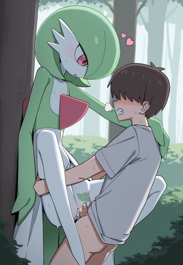 ai generated, breath cloud, cum, cum in pussy, cum inside, female, female pubic hair, gardevoir, green hair, heart, lifted by another, outdoors, pokémon (species), pokemon, pokemon (species), pokemon trainer, pussy, uncensored