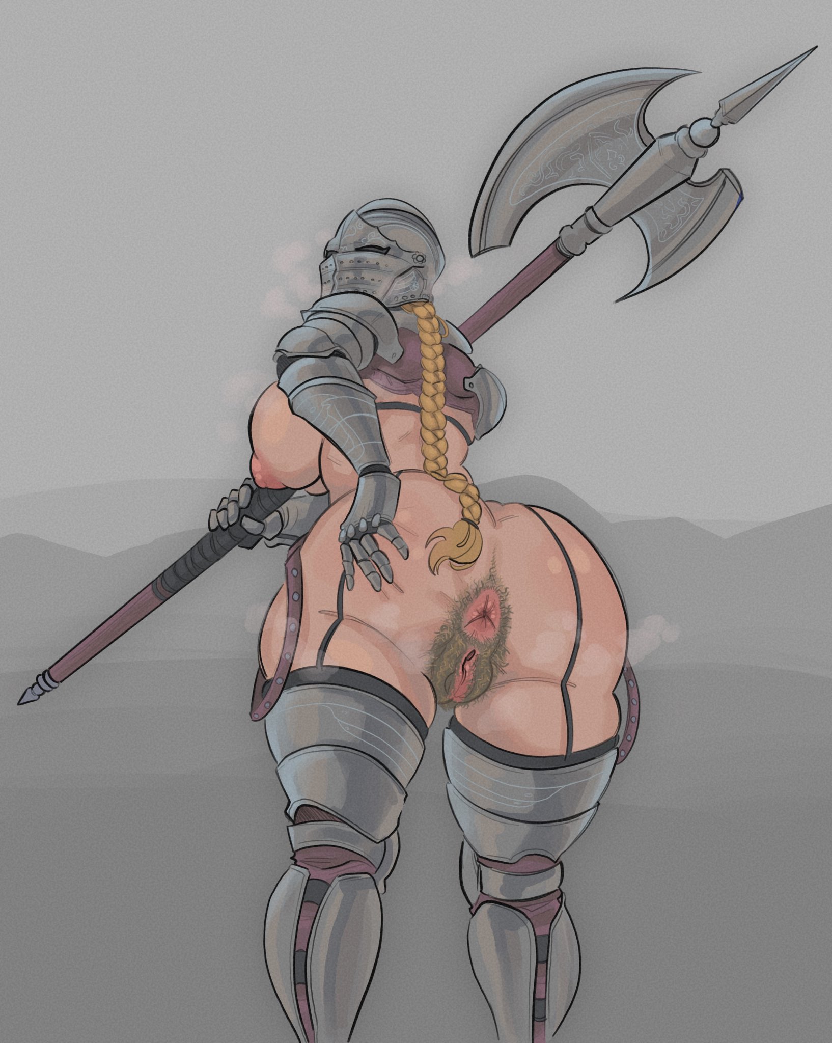 1girls, 2d, 2d (artwork), anus, armor, armored female, ass, big ass, blonde hair, breasts, caucasian, caucasian female, curvy, faceless female, female knight, female only, female pubic hair, for honor, hairy anus, hairy pussy, helmet, knight, lawbringer (for honor), light-skinned female, medieval, nipples, presenting, pubic hair, pussy, solo, solo female, spread ass, weapon