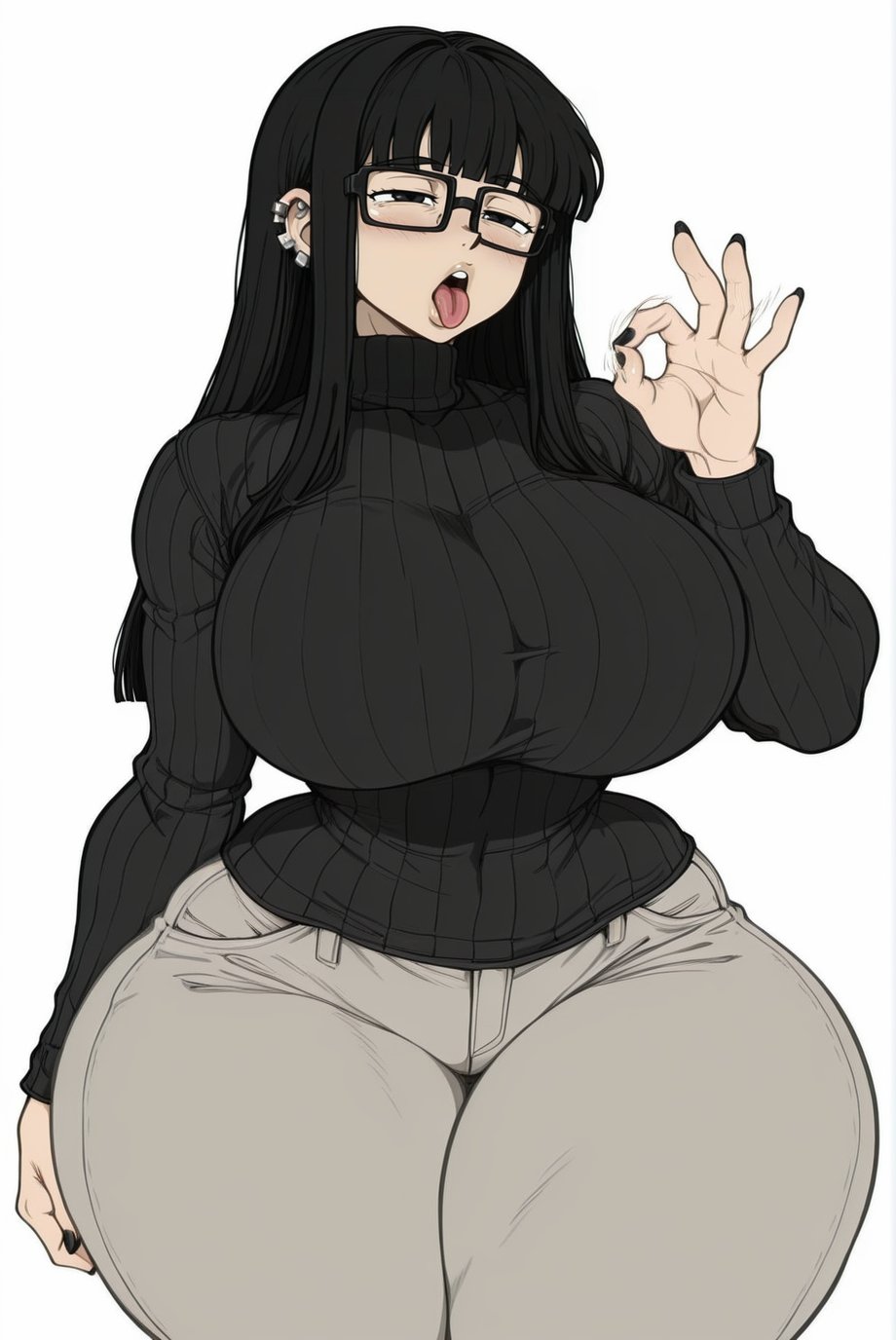 1girls, 2025, ai generated, andrea (memch0), big breasts, black eyes, black hair, blowjob gesture, blush, child bearing hips, earrings, el memc, female, female only, glasses, horny, horny female, huge breasts, hyper breasts, imminent sex, looking at viewer, looking pleasured, memch0, milf, mommy, mother, oc, original, original character, piercings, thick thighs, thunder thighs, tight clothing
