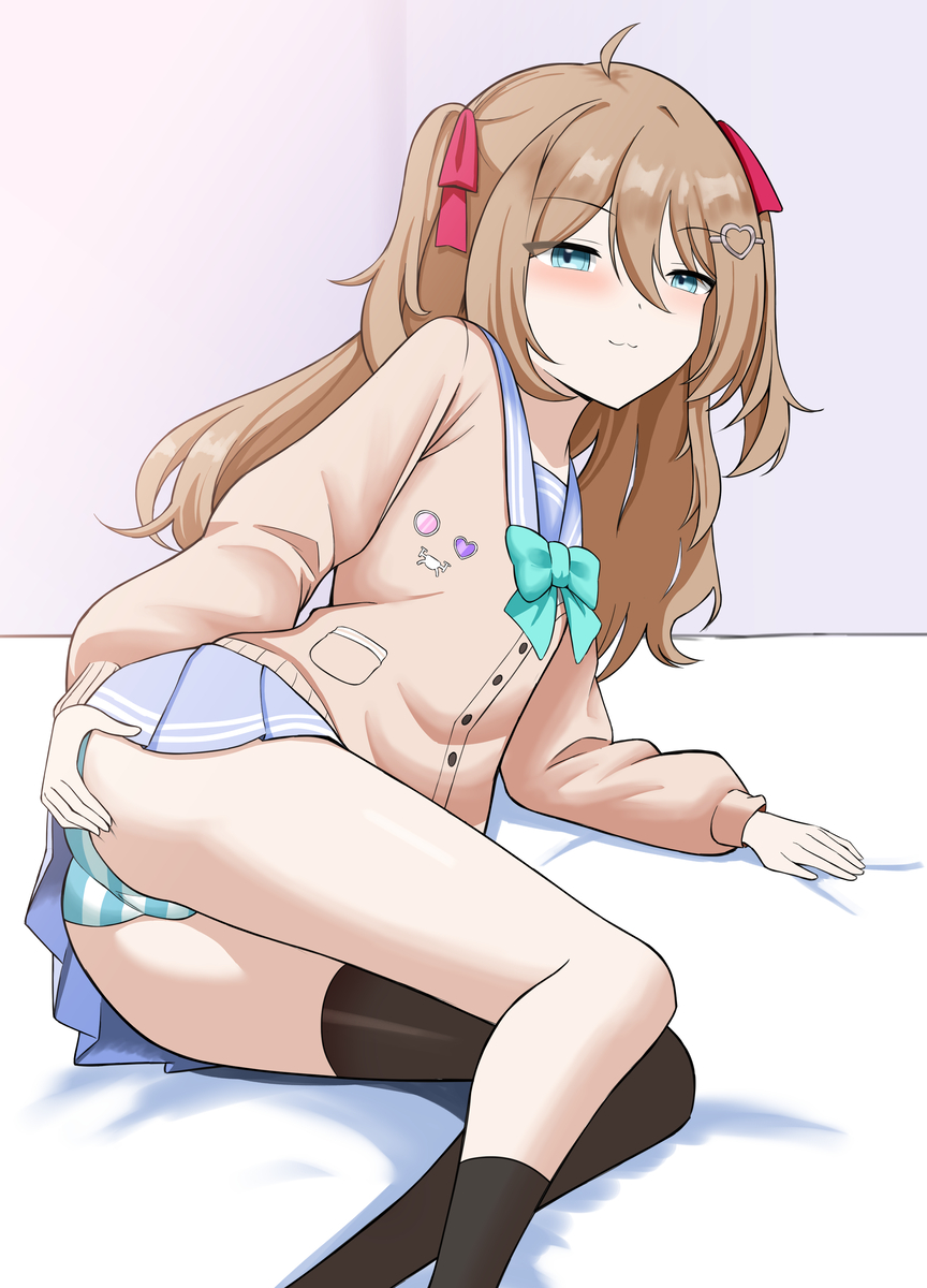 ahoge, blue and white striped panties, blue eyes, brown hair, ganzo, hair ornament, hair ribbon, indie virtual youtuber, neuro-sama, panties, smug, smug expression, smug face, smug grin, smug smile, striped panties, virtual youtuber, vtuber