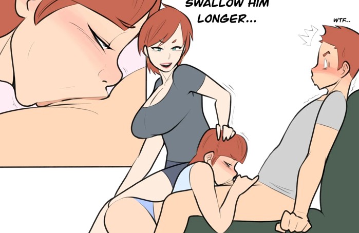 1boy, 2girls, all the way to the base, assisted fellatio, blowjob, brother and sister, deepthroat, fellatio, female, femdom, huge breasts, human female, incest, jopuari, mature female, milf, mother, mother and children, mother and daughter, mother and son, oral, orange hair, pale skin, pale-skinned female, parental approval, siblings, sister, son, threesome
