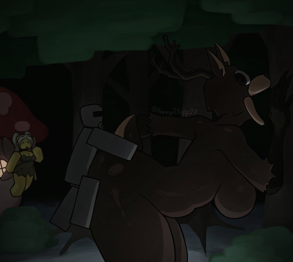 1boy, 1girls, 99 nights in the forest, ambiguous penetration, anthro, ass, background character, blocky body, breasts, deer (99 nights in the forest), fairy (99 nights in the forest), from behind, harrystuff27, roblox, roblox game, robloxian, size difference, source request, straight, tagme, thighs