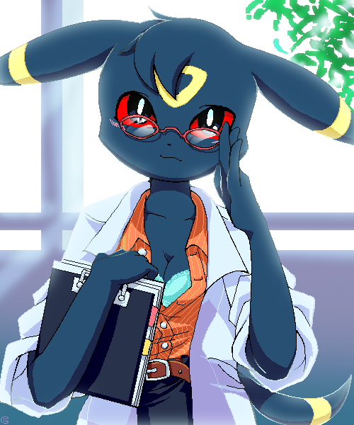 1girls anthro black_skin blush bra cleavage clipboard clothes doctor ear_markings eeveelution female fur furry furry_ears furry_tail g-sun glasses long_ear looking_at_viewer nintendo open_clothes open_shirt pixel_art pixelated pokémon_(species) pokemon pokemorph red_eyes shirt solo standing tail umbreon