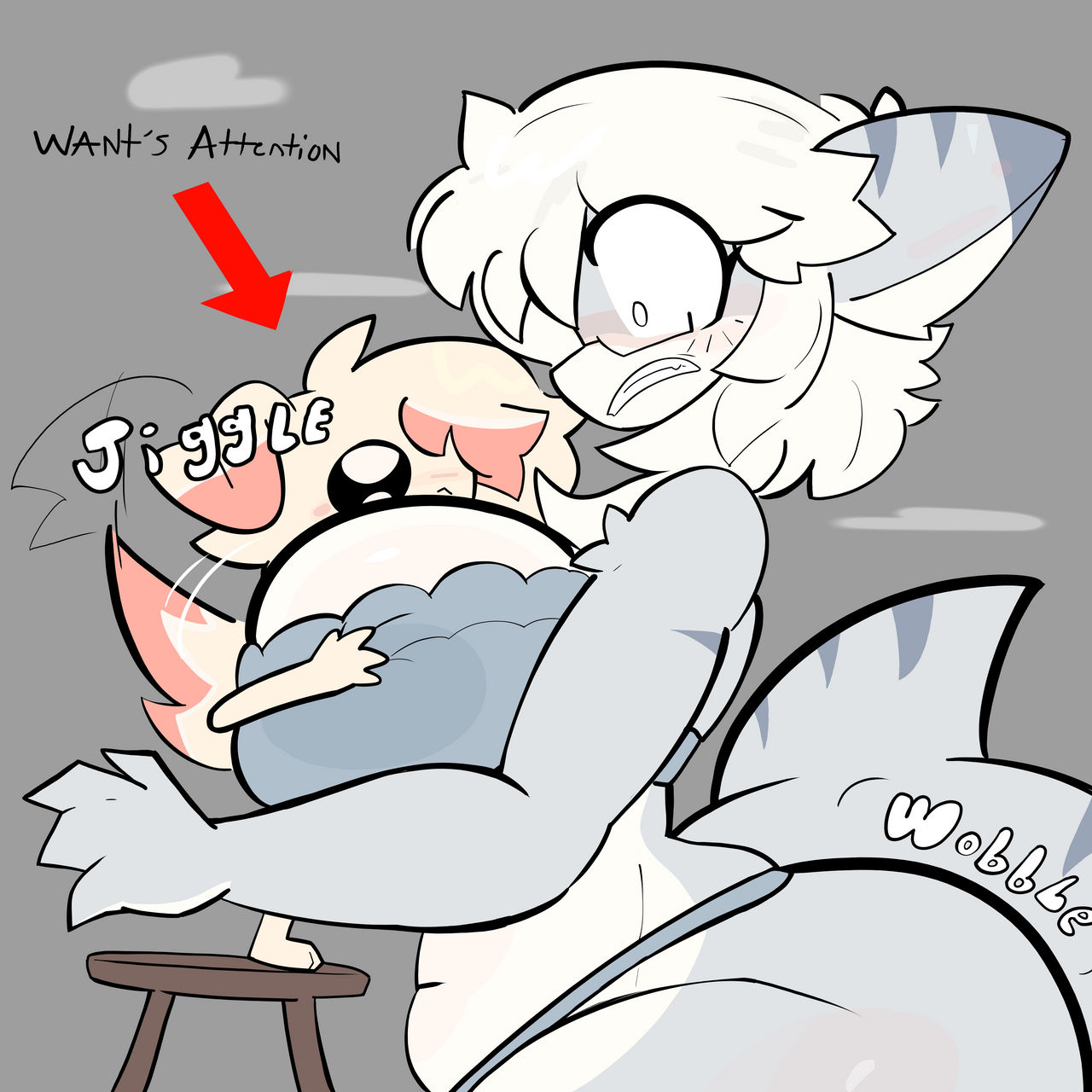 2furrys, big breasts, breast grab, breasts, cat ears, cat tail, cute, face on breast, female, fur, furry, furry female, furry male, happy trance, male, merricuwu, scared, shark, shark tail, size difference, tail