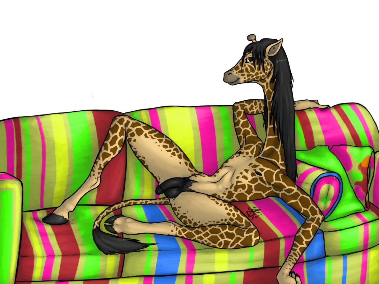 1boy balls flaccid giraffe hair hooves humanoid_penis ldr long_hair looking_at_viewer lying male male_only nipples nude penis presenting smile sofa solo spread_legs spreading toby