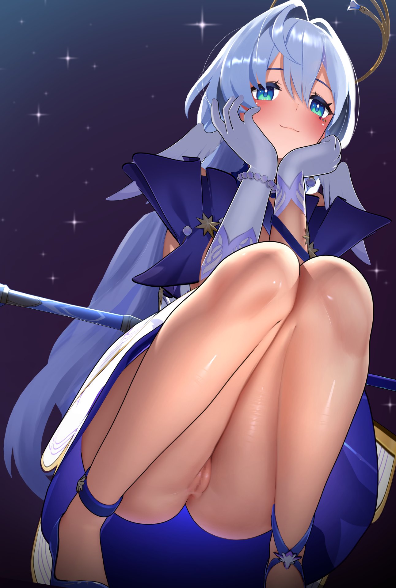 1girls, ass, blue hair, blush, bottomless, female, female only, green eyes, honkai: star rail, hoyoverse, jhc (artist), knees together feet apart, mihoyo, no panties, pussy, robin (honkai: star rail), solo, squatting