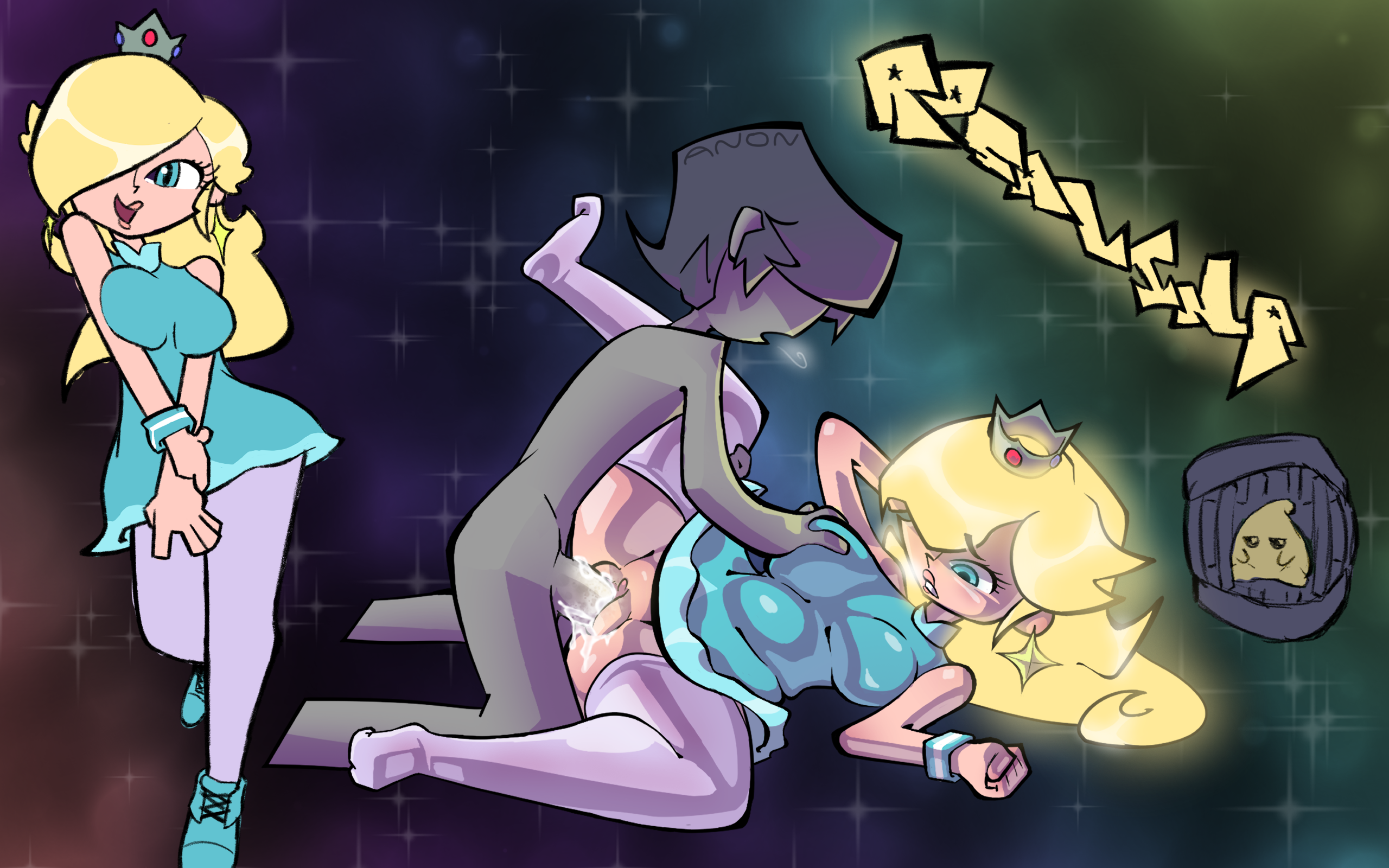 anon, anonymous male, blonde female, blonde hair, blue eyes, boob grab, clothed, clothed sex, crown, cum, cum in pussy, cum inside, dress, earrings, female, glowing hair, holding breast, lanukanu, legwear, long hair, luma, male, mario (series), mario tennis, missionary, nakadashi, pattern background, penetration, pregnancy risk, princess rosalina, pussy, sex, source request, spread legs, stockings, super mario galaxy, thighhighs, vaginal penetration