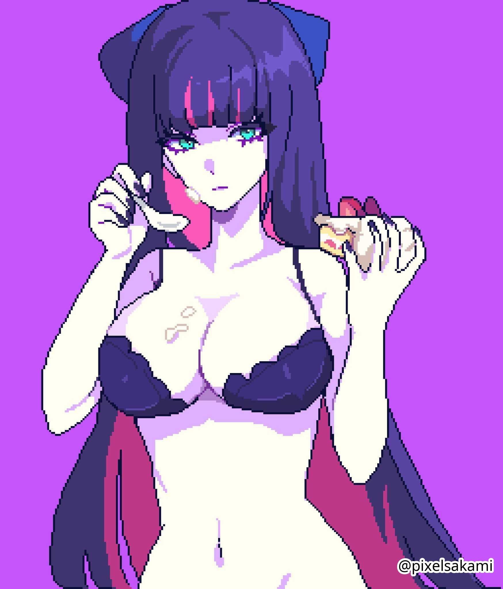 1girls, 2d, 2d (artwork), 2d artwork, adult, adult female, bare arms, bare belly, bare chest, bare hands, bare hips, bare midriff, bare navel, bare shoulders, bare skin, belly, belly button, big breasts, black bra, black fingernails, black nail polish, black nails, black underwear, blank expression, blank eyes, blank stare, blue eyes, blue-eyed female, blunt bangs, bored, bored expression, bra, breasts, busty, busty female, busty girl, busty teen, cake, cleavage, curvaceous, curvaceous body, curvaceous female, curvaceous figure, curvaceous hips, curvy, curvy body, curvy female, curvy figure, curvy hips, digital, digital art, digital drawing, digital drawing (artwork), digital media, digital media (artwork), drawing, elbows, emotionless, exposed arms, exposed belly, exposed chest, exposed hips, exposed midriff, exposed navel, exposed shoulders, exposed skin, female, female focus, female only, fingernails, fingers, half naked, half nude, high resolution, highres, large boobs, large breasts, lean figure, long hair, looking at viewer, mature, mature female, midriff, multicolored hair, nail polish, nails, naked, naked female, naked woman, narrow waist, navel, neutral expression, nude, nude female, nudity, panty & stocking with garterbelt, pink hair, pink hair female, pink-haired female, pixel (artwork), pixel art, pixelsakami, purple hair, purple-haired female, semi nude, shoulders, simple background, slender body, slender waist, slim female, slim waist, solo, standing, stocking anarchy, strawberry cake, underwear, upper body, very long hair, very long hair female, wide hips