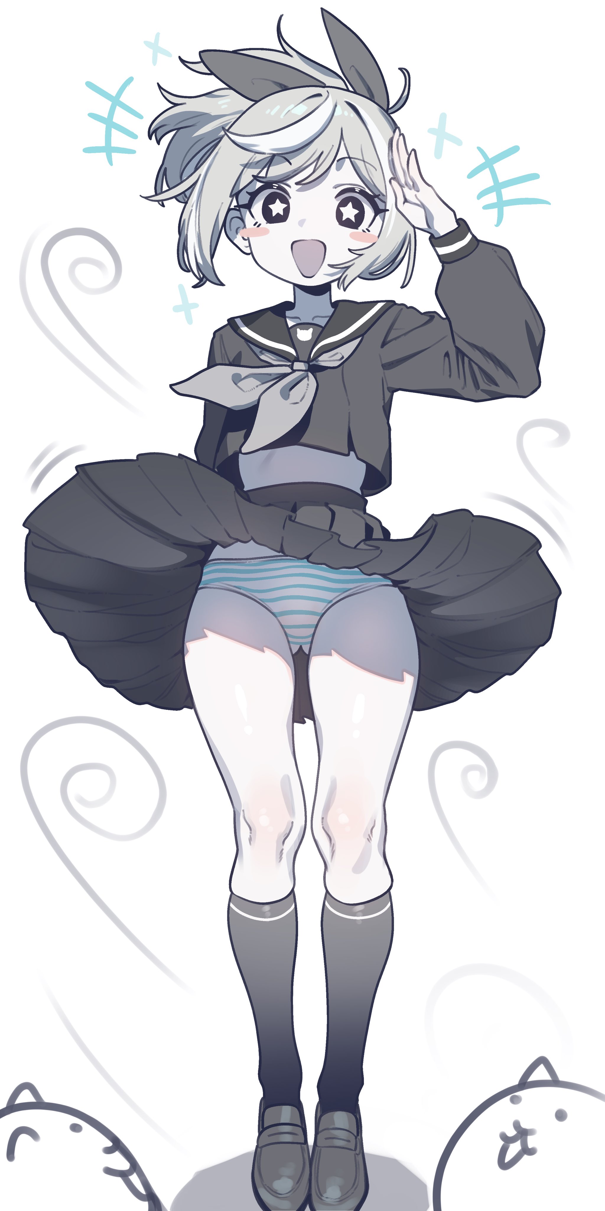 :d, 1girls, bare thighs, black eyes, black sailor collar, black serafuku, black shoes, black skirt, black socks, blue panties, blush, cat (nyanko daisensou), clothed, clothed female, ebora, female, female focus, female only, flat chest, full body, grey hair, hair ribbon, hips, kneehighs, long sleeves, looking at viewer, medium hair, midriff, navel, neckerchief, nyanko daisensou, open mouth, panties, pantyshot, ponytail, ribbon, sailor collar, sailor uniform, salute, school girl, school uniform, schoolgirl, schoolgirl uniform, serafuku, simple background, skindentation, skirt, skirt lift, smile, socks, standing, standing at attention, star-shaped pupils, striped panties, teenage female, teenage girl, teenager, the battle cats, thick thighs, thigh gap, thighs, tounji akane, underwear, upskirt, white background, white skin, white-skinned female, wide hips, wind, wind lift, windy skirt