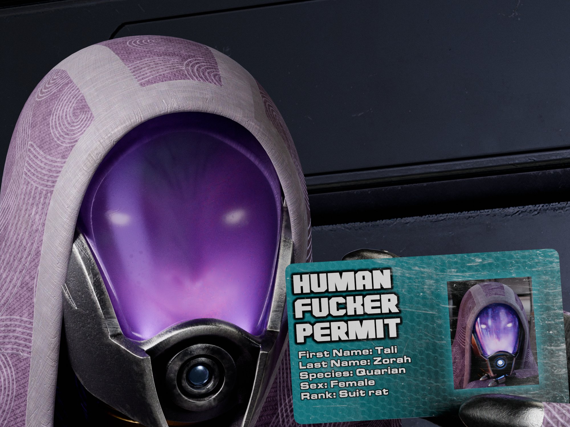 1girls, 3d, 3d (artwork), alien, alien girl, alien humanoid, bioware, english text, female, female focus, female only, helmet, looking at viewer, masked female, mass effect, offmodelstudio, quarian, tali'zorah nar rayya