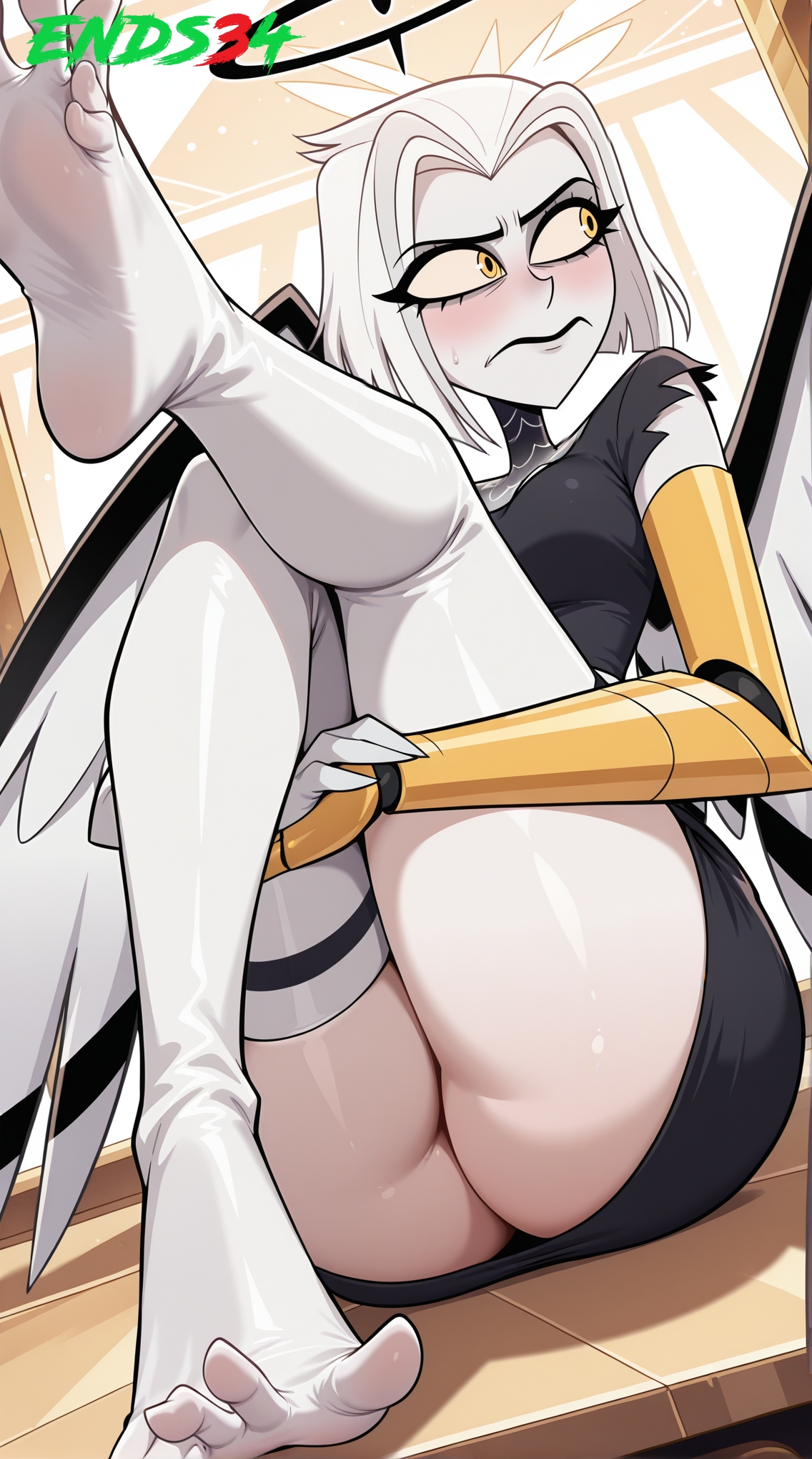 ai generated, ends34, female, female only, hazbin hotel, legs up, lute (hazbin hotel), short hair, yellow eyes