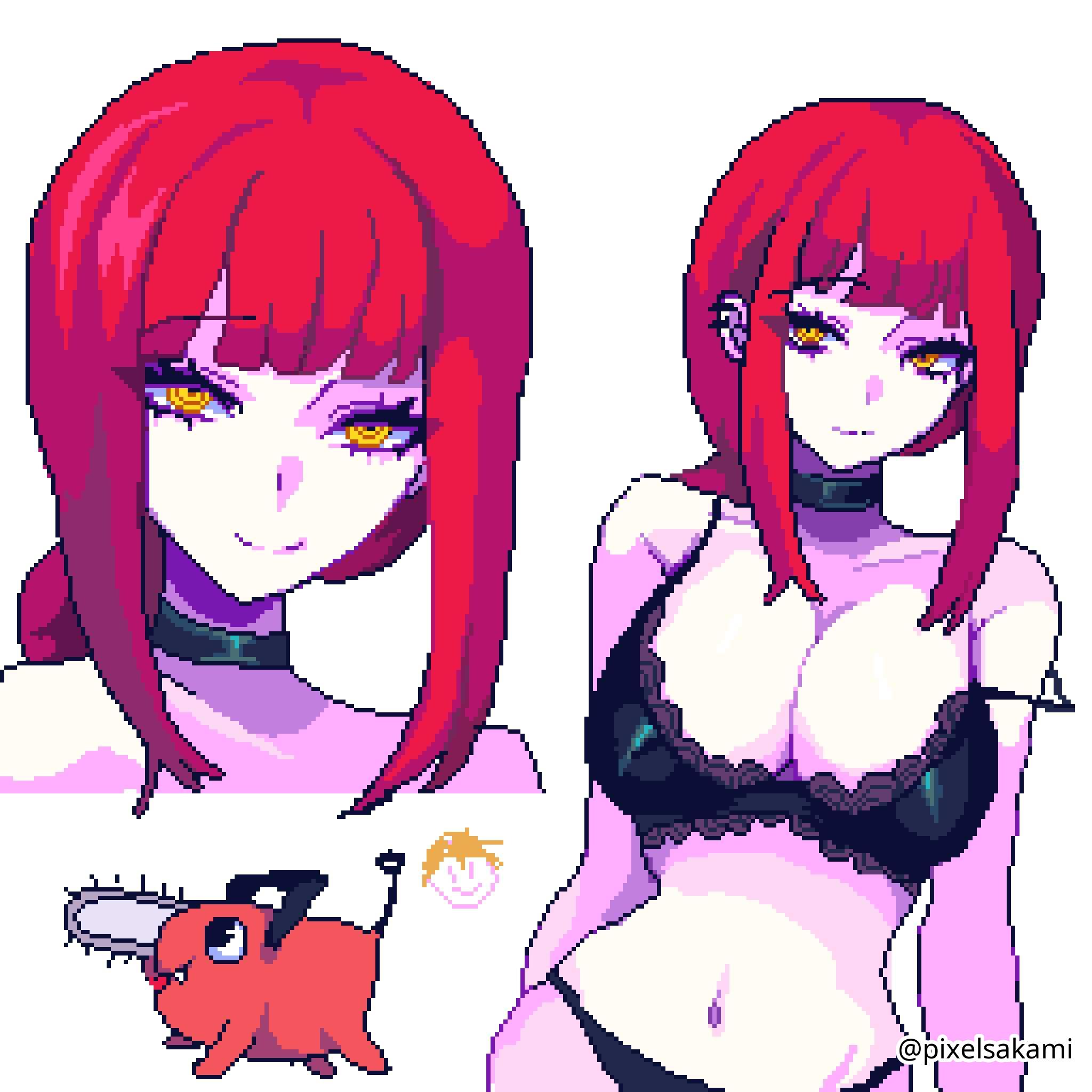 1girls, 2d, 2d (artwork), 2d artwork, adult, adult female, bare arms, bare belly, bare chest, bare hands, bare midriff, bare navel, bare shoulders, bare skin, belly, belly button, big breasts, black bra, black choker, black panties, black underwear, bra, breasts, busty, busty female, busty girl, busty teen, chainsaw man, child bearing hips, choker, cleavage, closed mouth smile, collarbone, curvaceous, curvaceous body, curvaceous female, curvaceous figure, curvaceous hips, curvy, curvy body, curvy female, curvy figure, curvy hips, digital, digital art, digital drawing, digital drawing (artwork), digital media, digital media (artwork), drawing, ear piercing, ear piercings, exposed arms, exposed belly, exposed chest, exposed midriff, exposed navel, exposed shoulders, exposed skin, eyebrows visible through hair, female, female focus, female only, fertile hips, frilled bra, frilled underwear, half naked, half nude, head tilt, high resolution, highres, hourglass figure, lace-trimmed bra, lace-trimmed underwear, large boobs, large breasts, lean figure, light smile, long hair, looking at viewer, makima (chainsaw man), matching underwear, mature, mature female, midriff, naked, naked female, naked woman, narrow waist, navel, nude, nude female, nudity, panties, pierced ear, pierced ears, pixel (artwork), pixel art, pixel tits, pixelsakami, pochita (chainsaw man), red hair, red-haired female, ring eyes, ringed eyes, semi nude, shoulders, sidelocks, simple background, slender body, slender waist, slim female, slim waist, smile, smiley face, smiling, smiling at viewer, solo, standing, tilted head, underwear, underwear only, upper body, white background, wide hips, yellow eyes, yellow-eyed female