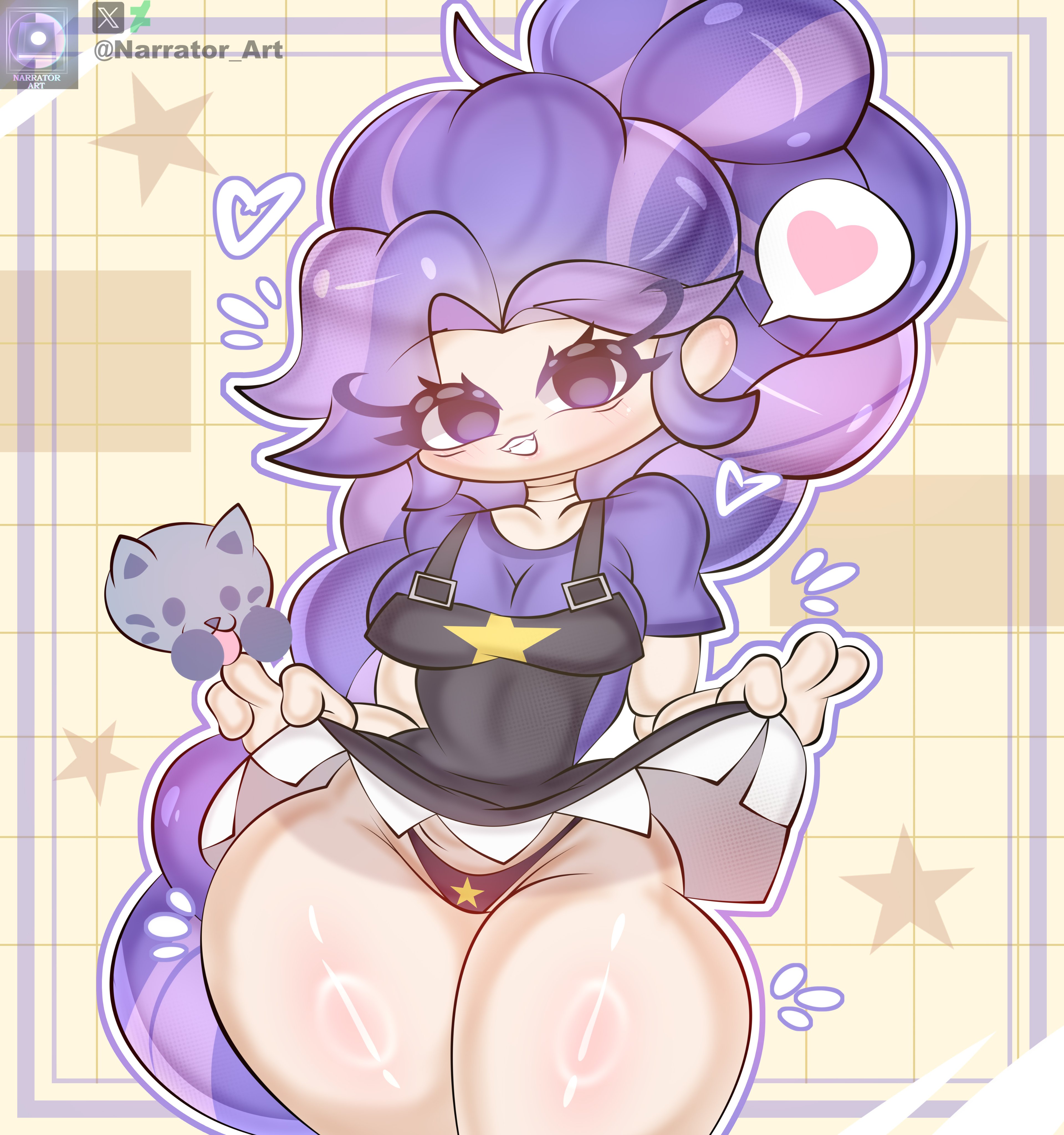 1female, 1girls, 2026, 2026s, 2d, 2d (artwork), 2d artwork, alternate ass size, alternate body type, alternate breast size, animate inanimate, big breasts, black eyes, bottom heavy, breasts, candy cat (poppy playtime), curvy, curvy female, curvy figure, digital art, digital drawing, digital drawing (artwork), digital media, digital media (artwork), digital painting, digital painting (artwork), doll, doll girl, doll joints, dress, exhibition, exhibitionism, exhibitionist, eyebrows, eyelashes, female, female focus, flashing, flashing panties, fully clothed, hair, hourglass figure, hourglass figured female, humanoid, humanoid female, inanimate animate, lily lovebraids, living toy, long hair, long purple hair, looking at viewer, mascot horror, mob entertainment, mob games, narrator art, noseless, not furry, overall dress, overall skirt, overalls, poppy playtime, poppy playtime (chapter 5), purple hair, purple shirt, skirt, skirt lift, skirt lifted by self, skirt up, smile, smiling, smiling at viewer, solo, solo female, solo focus, standing, string bikini, string bikini bottom, thong, thong panties, video games, wide hips