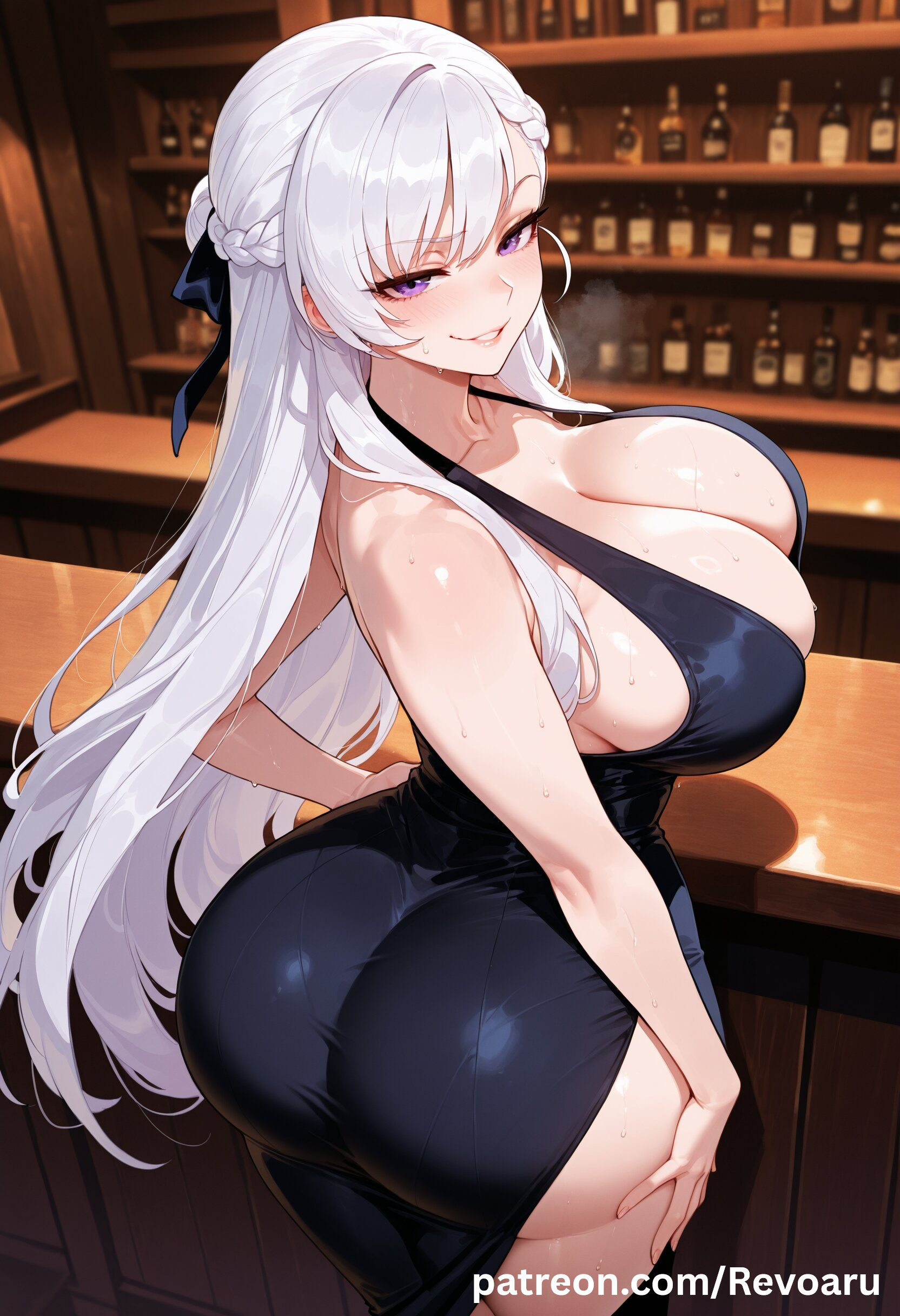 ai generated, azur lane, belfast (azur lane), big breasts, black dress, breasts, dress, female, huge breasts, mature, mature female, quality, revoaru, thick thighs, thighs, white hair