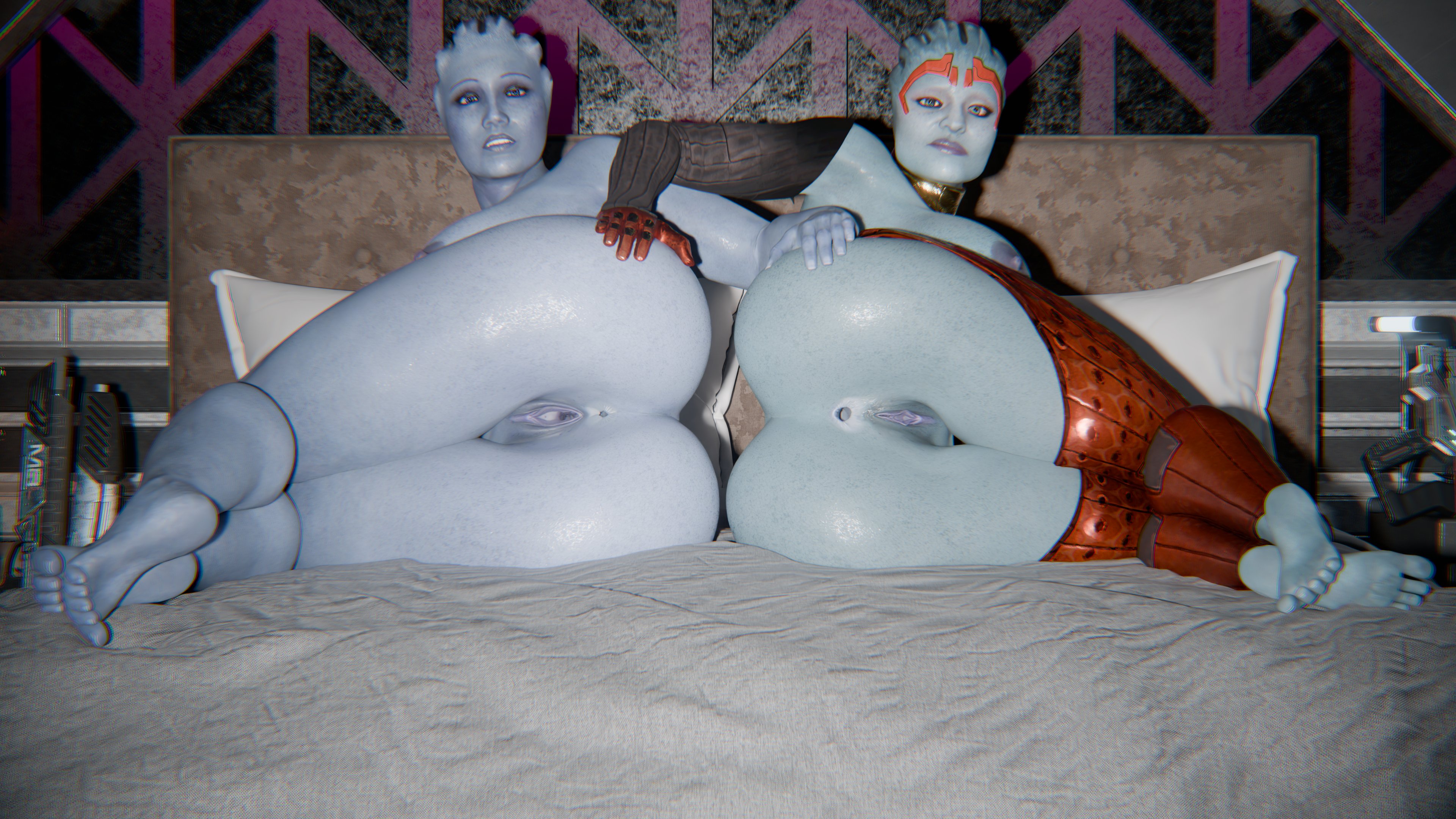 2girls, 3d, 3d (artwork), alien, alien girl, alien humanoid, asari, bed, bed sheet, bedroom, bioware, female, female focus, female only, indoor nudity, indoors, liara t'soni, mass effect, offmodelstudio, samara, tentacle hair