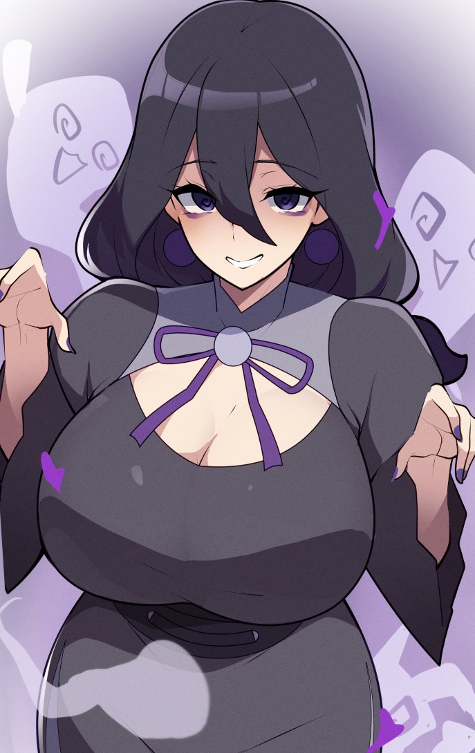 1girls, 2026, big breasts, black hair, breasts, clothed, clothing, color, colored, digital media (artwork), dress, earrings, female, female only, front view, fully clothed, game freak, hair, hex maniac, hex maniac (pokemon legends: z-a), hi res, huge breasts, large breasts, light skin, light-skinned female, looking at viewer, mituyota 76, nintendo, occult maniac, occult maniac (pokemon legends: z-a), occult maniac (pokemon), occult maniac (z-a), pokemon, pokemon legends: z-a, purple background, purple eyes, simple background, solo