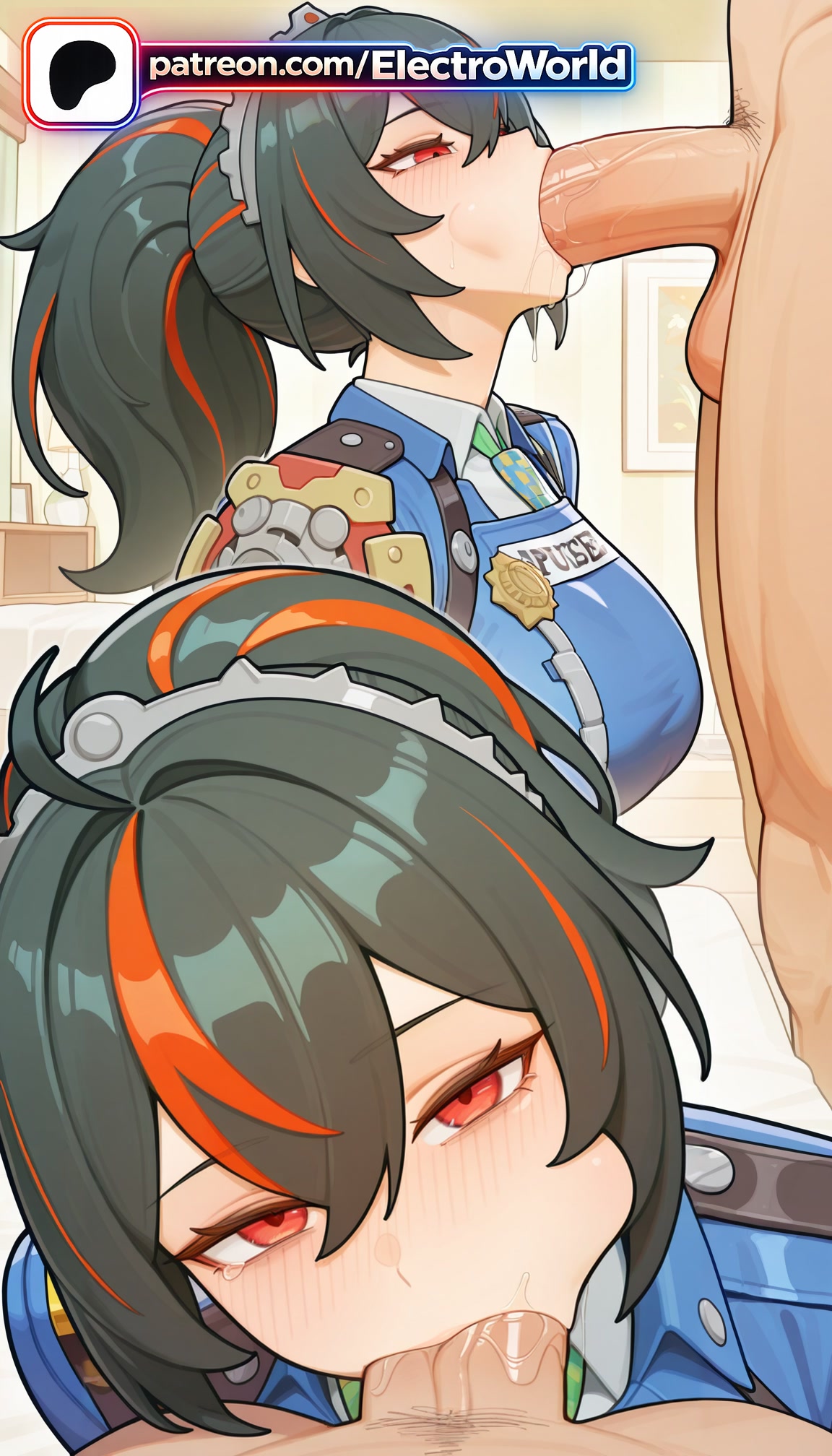 :>=, 1boy, 1girls, 2026, ai generated, artist name, black hair, blowjob, blowjob face, blush, cheek bulge, clothed female nude male, cock, cum, cum in mouth, cum on tongue, deepthroat, dick, electroworld, erection, fellatio, female, group sex, hi res, high quality, high resolution, highres, irrumatio, large penis, licking, male pubic hair, multicolored hair, multiple fellatio, multiple girls, nude, oral, oral sex, patreon, patreon username, penis, ponytail, red eyes, red hair, stable diffusion, straight, streaked hair, sucking, testicle sucking, testicles, uncensored, watermark, zenless zone zero, zhu yuan