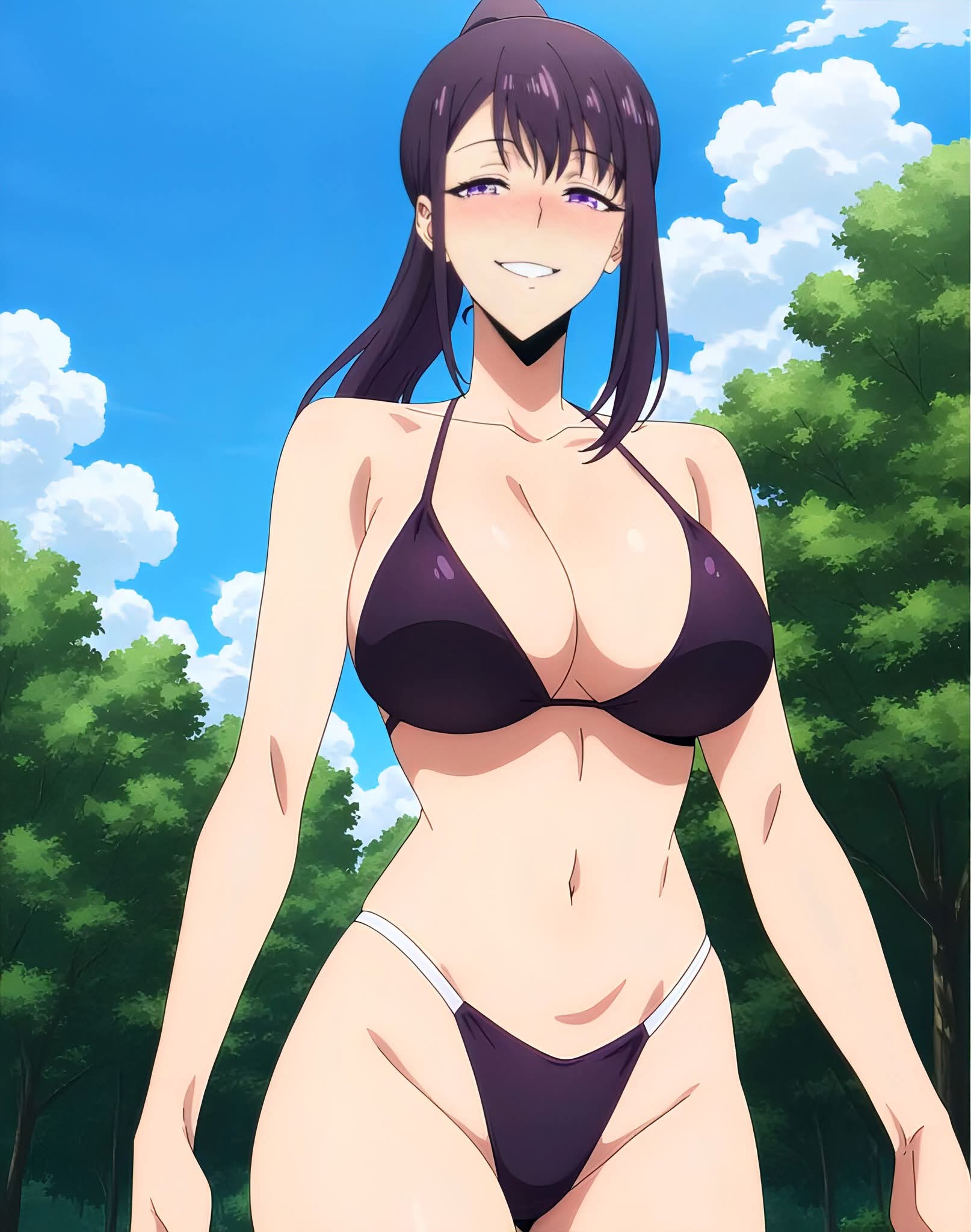1girls, ai generated, big breasts, bikini, black bikini, black hair, breasts, female, female only, long hair, perfect body, purple eyes, ruborised, solo, solo leveling, sung jin-ah, tagme, white skin