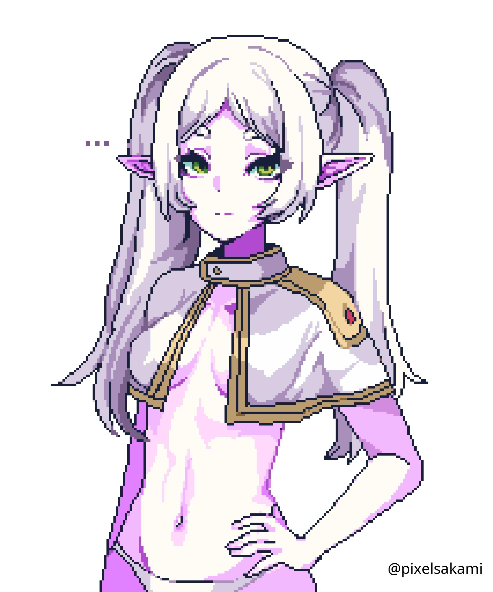 ..., 1girls, 2d, 2d (artwork), 2d artwork, adult, adult female, alternate breast size, average breasts, bare arms, bare belly, bare hands, bare hips, bare midriff, bare navel, bare skin, belly, belly button, blank expression, blank eyes, blank stare, bored, bored expression, breasts, breasts apart, collarbone, crop top, curvaceous, curvaceous body, curvaceous female, curvaceous figure, curvaceous hips, curvy, curvy body, curvy female, curvy figure, curvy hips, digital, digital art, digital drawing, digital drawing (artwork), digital media, digital media (artwork), drawing, earrings, elbows, elf, elf ear, elf ears, elf female, elf girl, emotionless, exposed arms, exposed belly, exposed hips, exposed midriff, exposed navel, exposed skin, female, female focus, female only, fingers, frieren, gilf, grandma, granny, green eyes, green-eyed female, hand on hip, hand on own hip, hand on own waist, hand on waist, high resolution, highres, inframammary fold, lean figure, linea alba, long hair, looking at viewer, mature, mature female, medium breasts, midriff, narrow waist, navel, neutral expression, nipple bulge, old female, panties, parted bangs, pixel (artwork), pixel art, pixelsakami, pointy ears, shoulders, sidelocks, simple background, slender body, slender waist, slim female, slim waist, solo, sousou no frieren, standing, stomach, topwear, twintails, twintails (hairstyle), underwear, upper body, white background, white hair, white panties, white underwear, white-haired female, wide hips