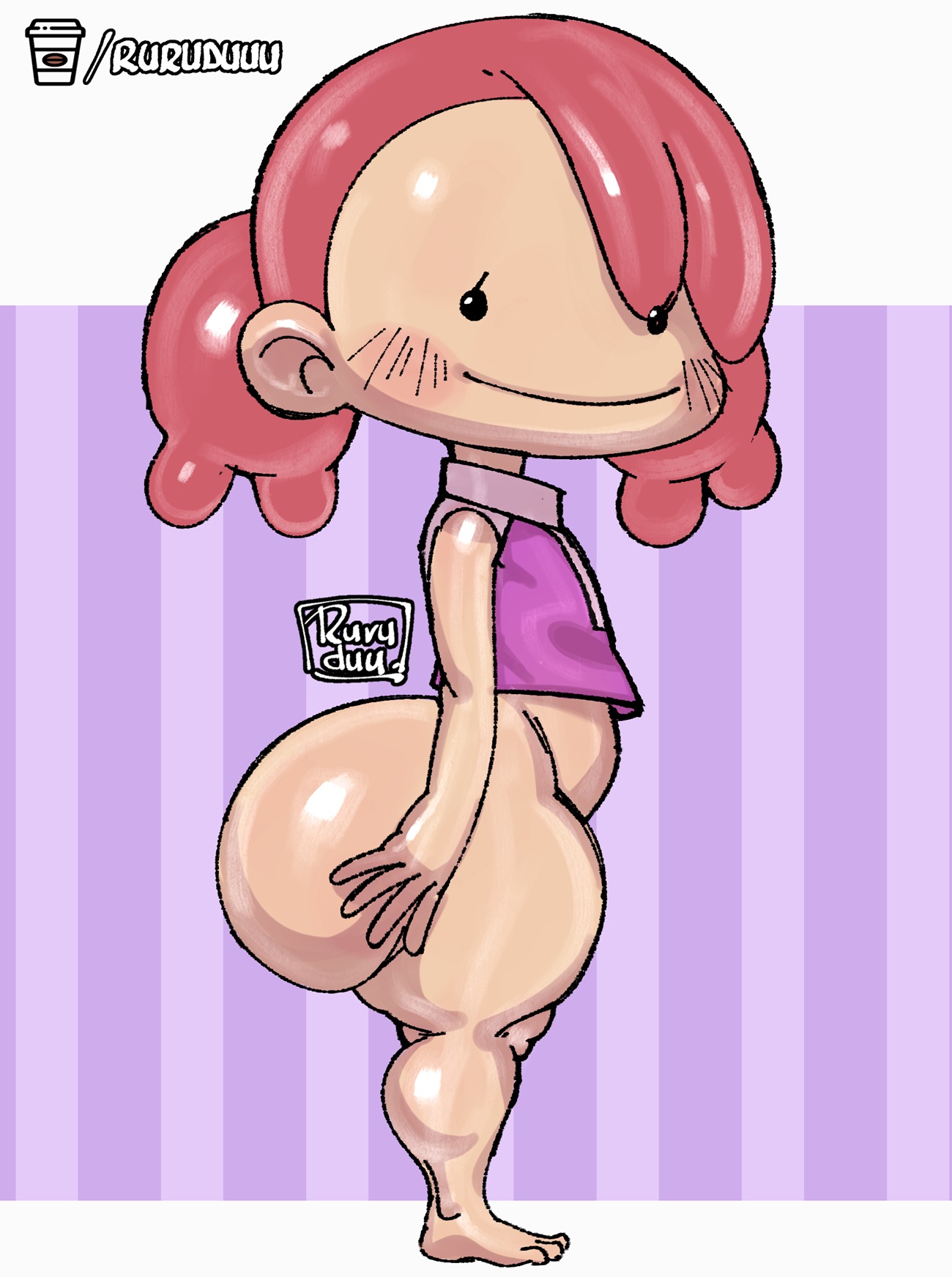 1girls, ass, blush, bottom heavy, bottomless, ditto, ditto (pokemon pokopia), ditto (pokemon), ditto copied person, female, huge ass, metamon, metamon (poco a pokemon), nintendo, pink hair, poco a pokemon, pokemon, pokemon (species), pokemon pokopia, pokopia, ruruduu, thick thighs