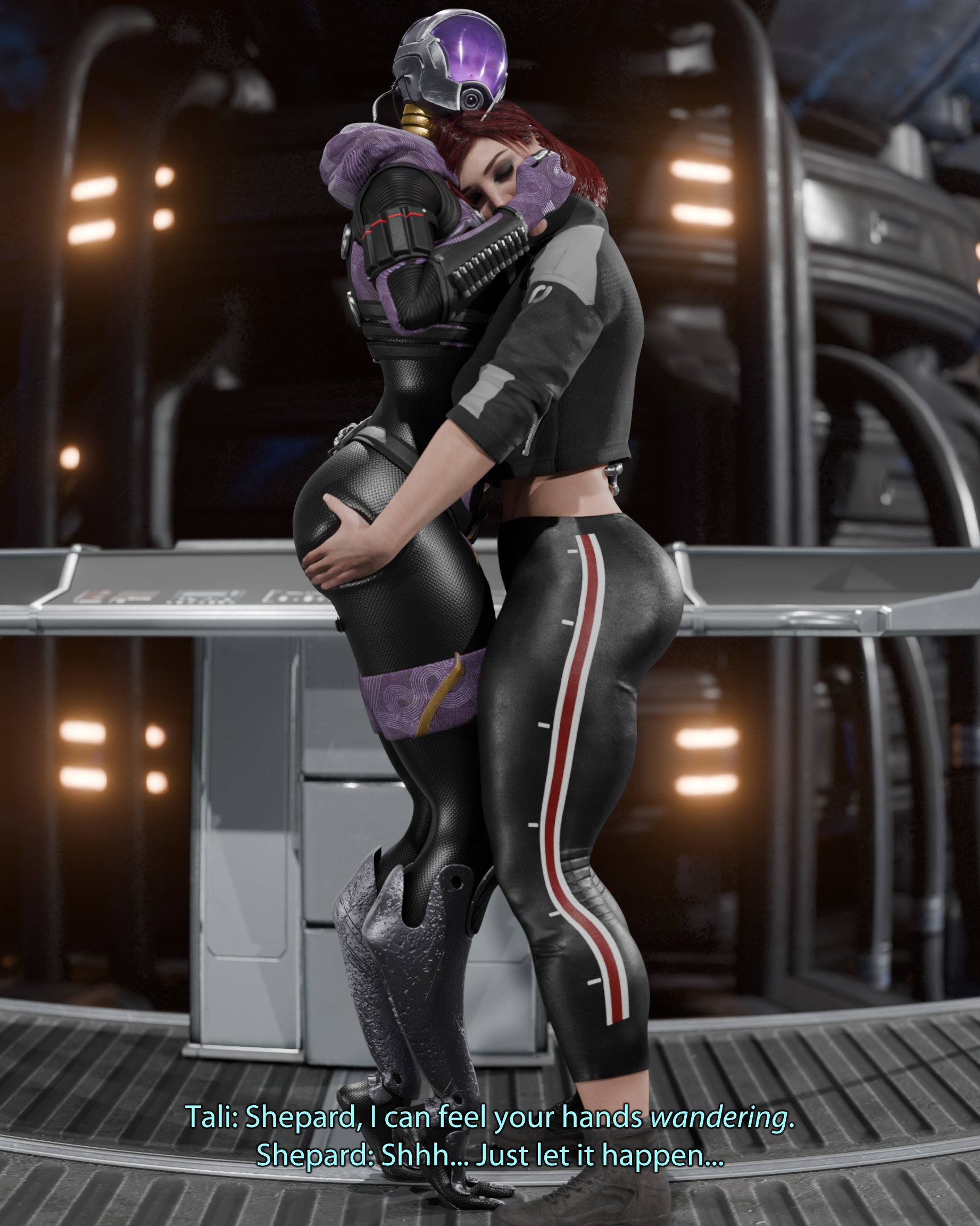 2girls, 3d, 3d (artwork), alien, alien girl, alien humanoid, ass grab, bioware, black leggings, bodysuit, bubble butt, child bearing hips, commander shepard, curvaceous, curvaceous female, curvy female, curvy hips, english text, female, female focus, female only, femshep, jane shepard, latex, latex bodysuit, latex clothing, latex skinsuit, leggings, mass effect, offmodelstudio, quarian, size difference, skinsuit, tali'zorah nar rayya, video game, video game character, video game franchise, wide hips