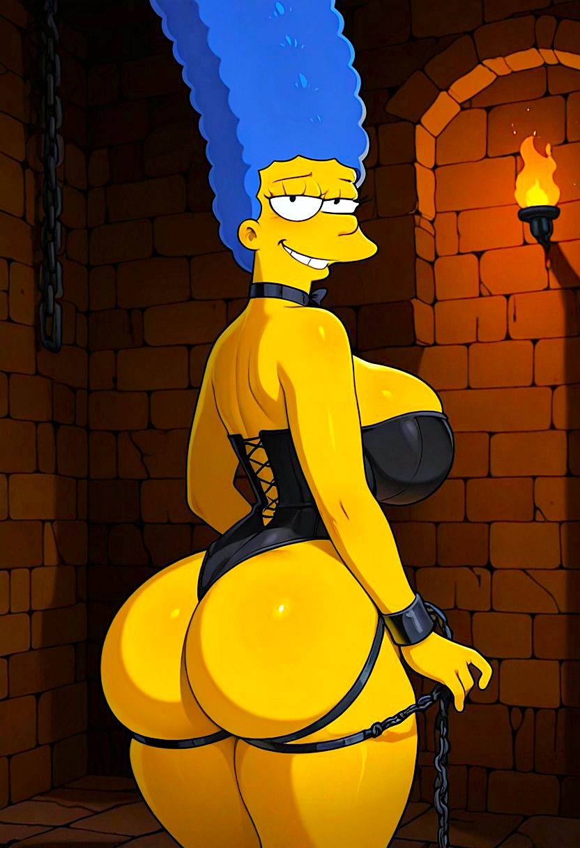 ai generated, ass, corset, huge breasts, looking at viewer, marge simpson, the simpsons