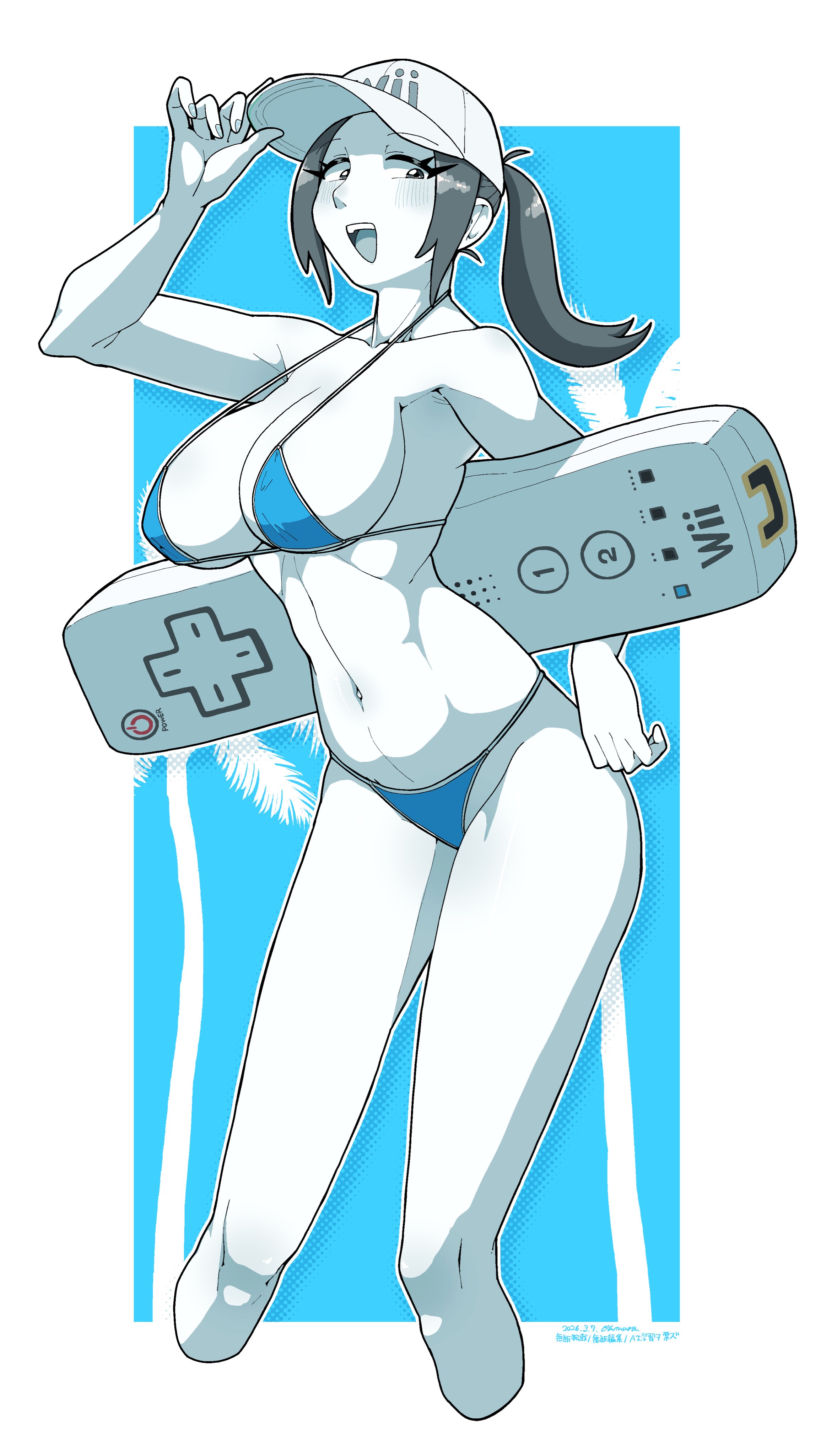 :d, 1girls, abs, absurdres, adjusting clothes, adjusting headwear, baseball cap, ben-day dots, bikini, black hair, blue background, blue bikini, blue theme, blush, border, breasts, cleavage, collarbone, colored skin, commentary, controller, cowboy shot, cropped legs, female, game console, game controller, grey eyes, grey hair, grey skin, halftone, halftone background, hand on headwear, hat, highres, holding, jewelry, large breasts, long hair, looking at viewer, navel, nintendo, ohmura denki, omura zojiki, open mouth, palm tree, ponytail, skateboard, smile, solo, standing, strap gap, string bikini, summer, swimsuit, teeth, thighs, tree, upper teeth only, white border, white skin, wii, wii fit, wii fit trainer, wii fit trainer (female), wii remote