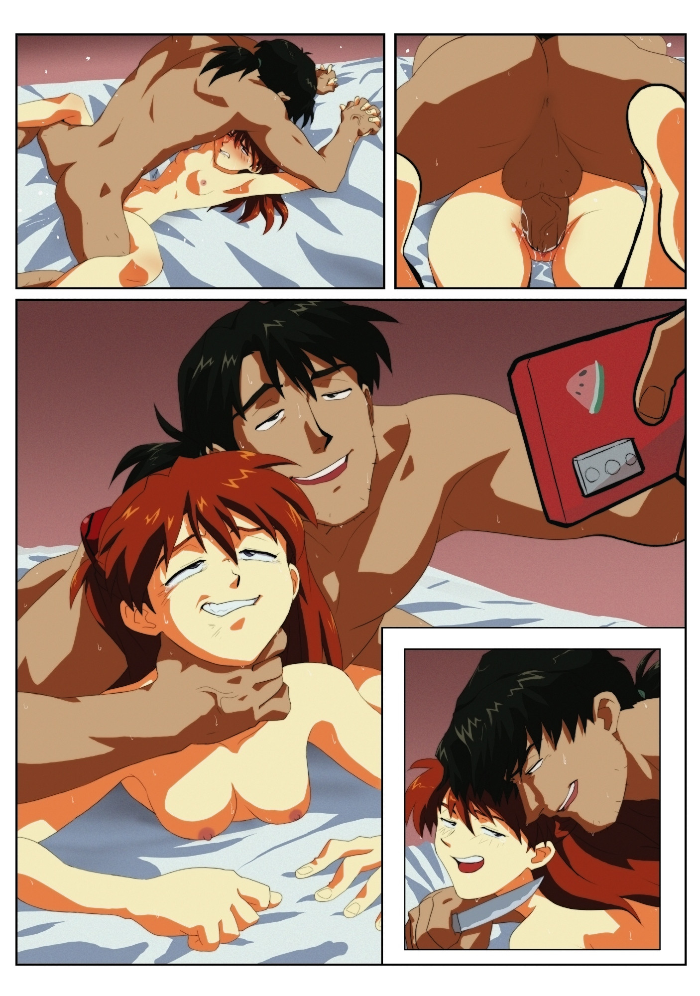 age difference, amondetauro, asshole peek, asuka langley sohryu, balls, black hair, breasts, choker, kaji ryouji, knife, neon genesis evangelion, older male, redhead female