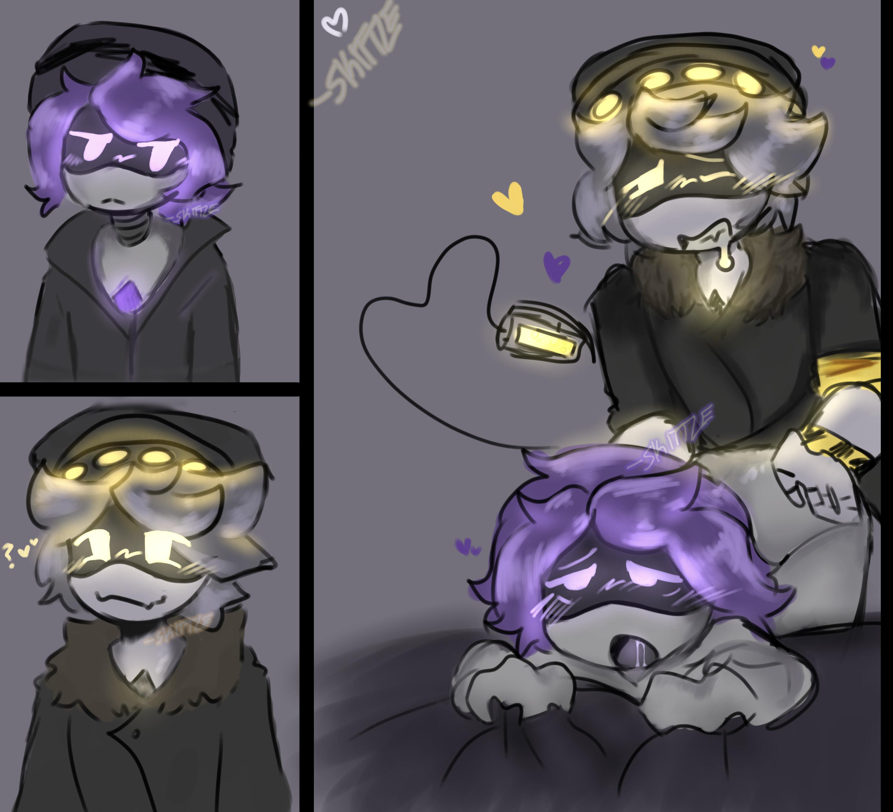 1boy, 1boy1girl, 1girls, beanie, beanie hat, bed, bedroom, blushing, canon couple, dumbfound ritz, glitch productions, grey background, hat, heart shaped tail, intercourse, male/female, murder drones, n (murder drones), penetration, purple eyes, purple hair, sex, straight, straight sex, tail, uzi (murder drones), vaginal penetration, vaginal sex, yellow eyes