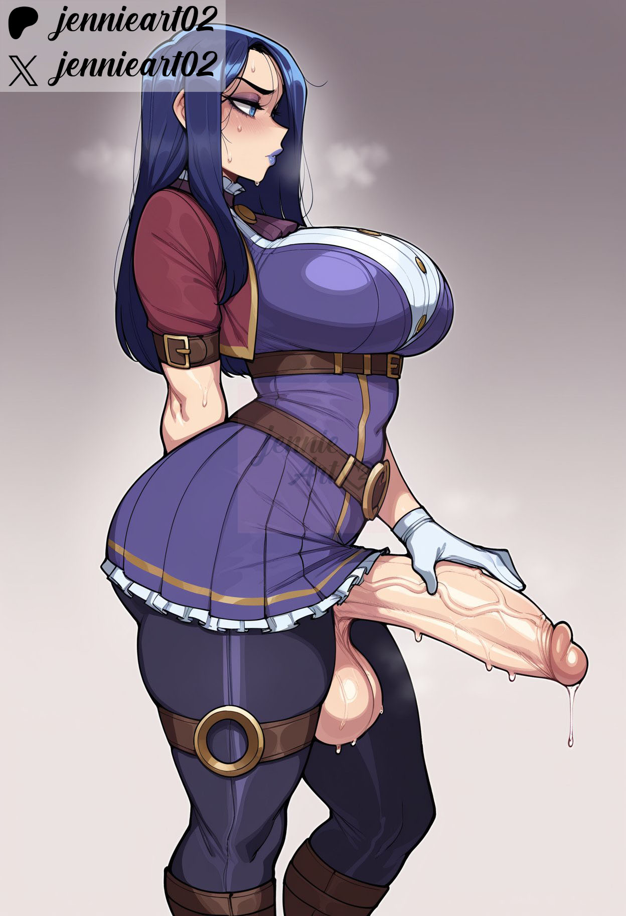 1futa, 1futanari, ai generated, arcane, arcane caitlyn, arcane: league of legends, arm behind back, artist name, belt, blue eyes, blue hair, blue lips, blush, breasts, caitlyn (league of legends), caitlyn kiramman, closed mouth, clothing, dress, erection, female, frills, from side, futa focus, futa only, futanari, gloves, gradient background, huge cock, huge testicles, intersex, intersex only, jennieart02, large breasts, large penis, large testicles, league of legends, league of legends: wild rift, lipstick, long hair, makeup, masturbation, o-ring, pantyhose, patreon, patreon logo, patreon username, penis, precum, purple dress, purple lips, riot games, short sleeves, simple background, solo, standing, sweat, testicles, thick thighs, thigh strap, twitter, twitter username, veins, veiny penis, watermark, white gloves