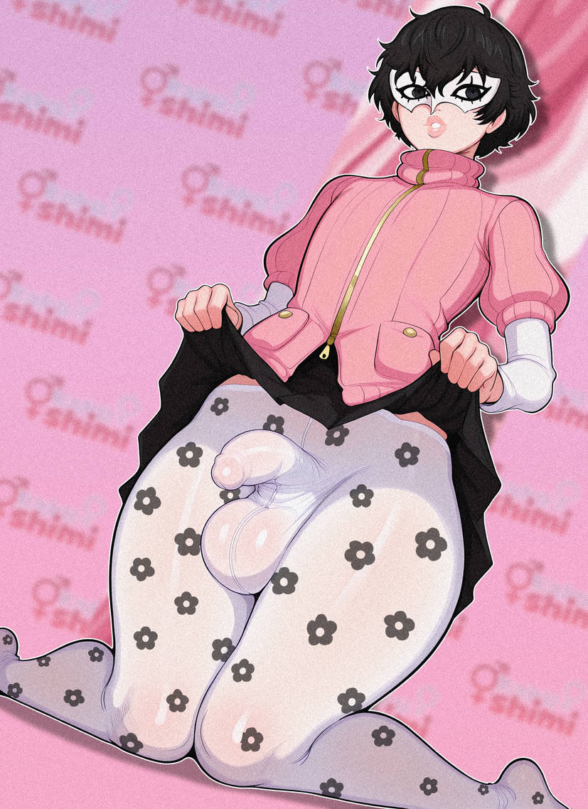 1boy, black hair, bulge, crossdressing, cute, femboy, haru okumura, haru okumura (cosplay), joker (persona), mask, persona, persona 5, ren amamiya, shin megami tensei, skirt, skirt lift, skirt lifted by self, solo focus, solo male