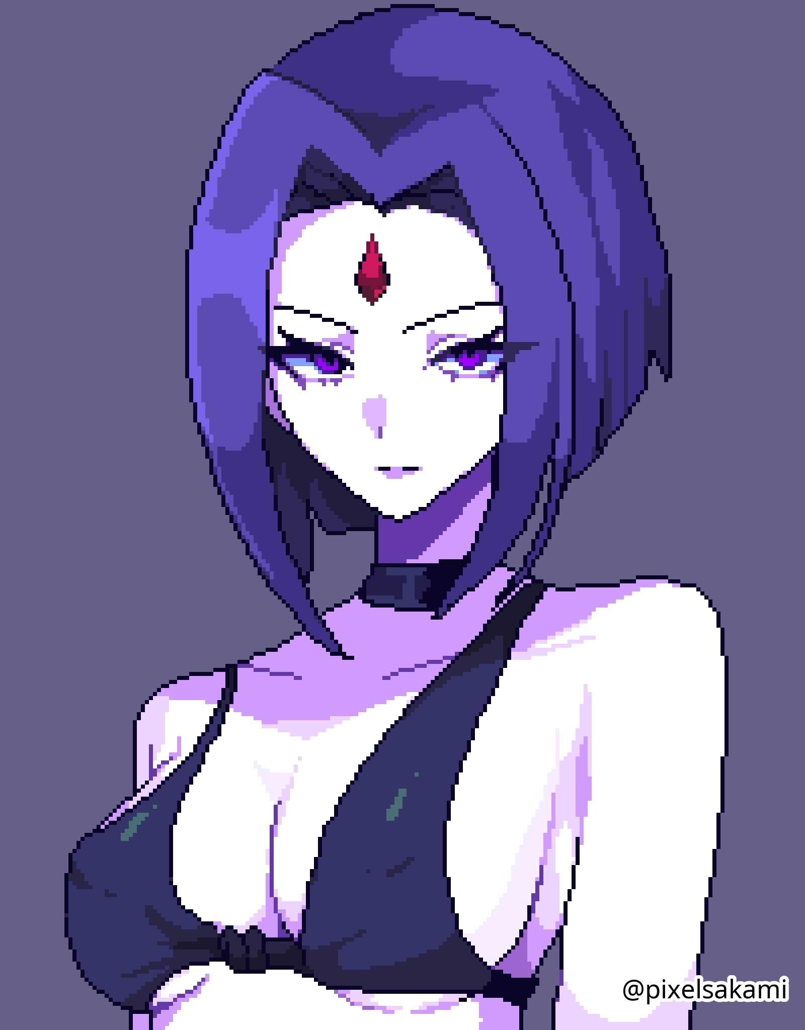 1girls, 2d, 2d (artwork), 2d artwork, big breasts, bikini, bikini top, black bikini, black bikini top, black choker, black swimsuit, black swimwear, blank expression, blank eyes, blank stare, bored, bored expression, breasts, busty, busty female, busty girl, busty teen, busty teenager, choker, cleavage, collarbone, dc, dc comics, digital, digital art, digital drawing, digital drawing (artwork), digital media, digital media (artwork), drawing, emotionless, female, female focus, female only, halterneck, high resolution, highres, inframammary fold, large boobs, large breasts, lean figure, lips, lipstick, looking at viewer, medium hair, midriff, narrow waist, neutral expression, nipple bulge, pixel (artwork), pixel art, pixelsakami, purple background, purple eyes, purple hair, purple lips, purple lipstick, purple-eyed female, purple-haired female, raven (dc), short hair, shoulders, simple background, slender body, slender waist, slim female, slim waist, solo, swimsuit, swimwear, teen girl, teen titans, teenage female, teenage girl, teenage tits, teenager, upper body, young female, young woman