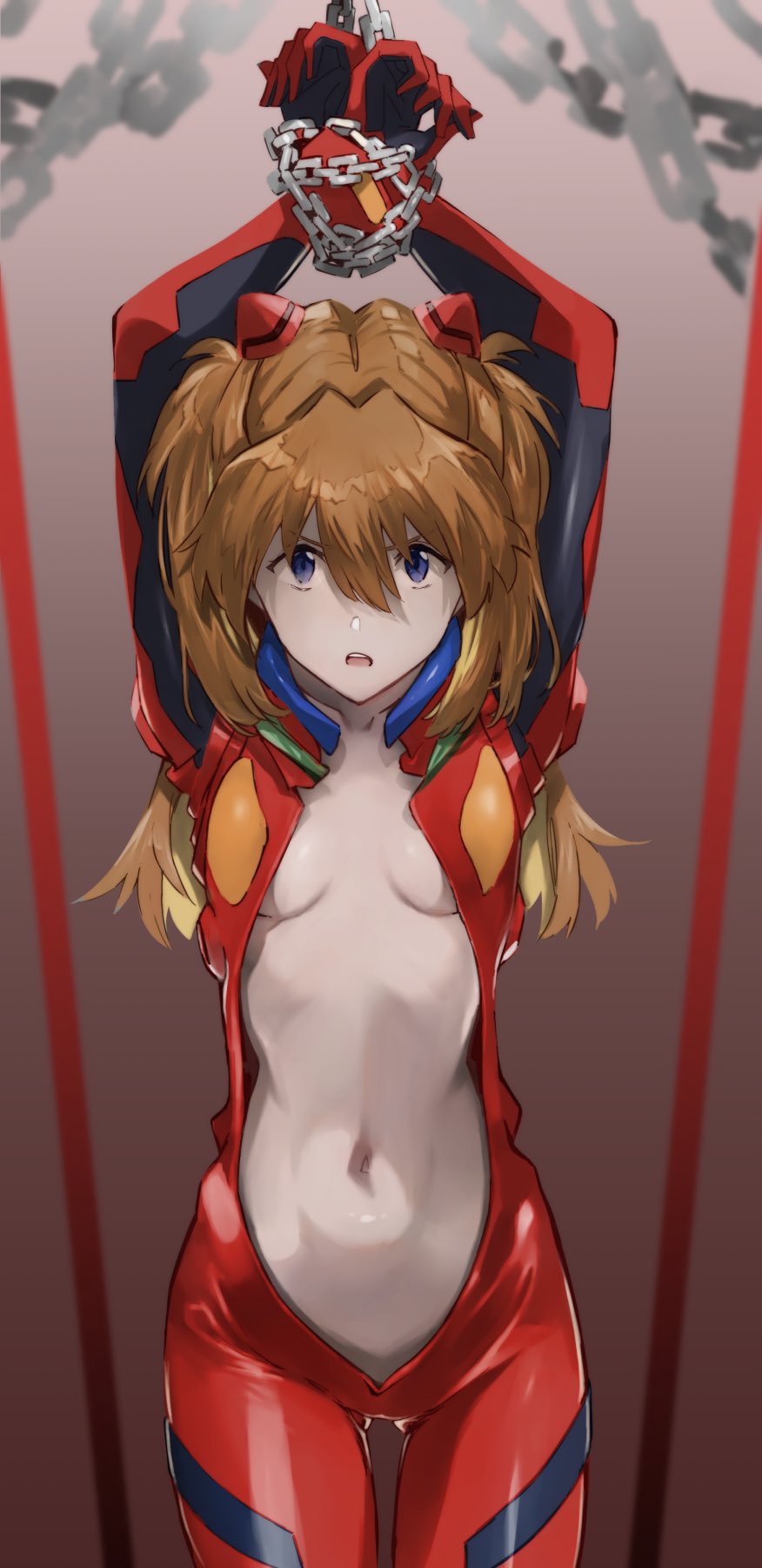 1girls, arms up, asuka langley sohryu, blue eyes, bodysuit, bondage, bound, bound wrists, breasts, brown hair, chains, commentary request, curvy, female, female only, hairpods, highres, interface headset (evangelion), long hair, mecha pilot suit, multicolored bodysuit, navel, neon genesis evangelion, plugsuit, plugsuit (evangelion), red bodysuit, restrained, shiny clothes, shiny skin, small breasts, souryuu asuka langley, stomach, tight clothing, tsundere, unzipped, wide hips, yagisawa teru