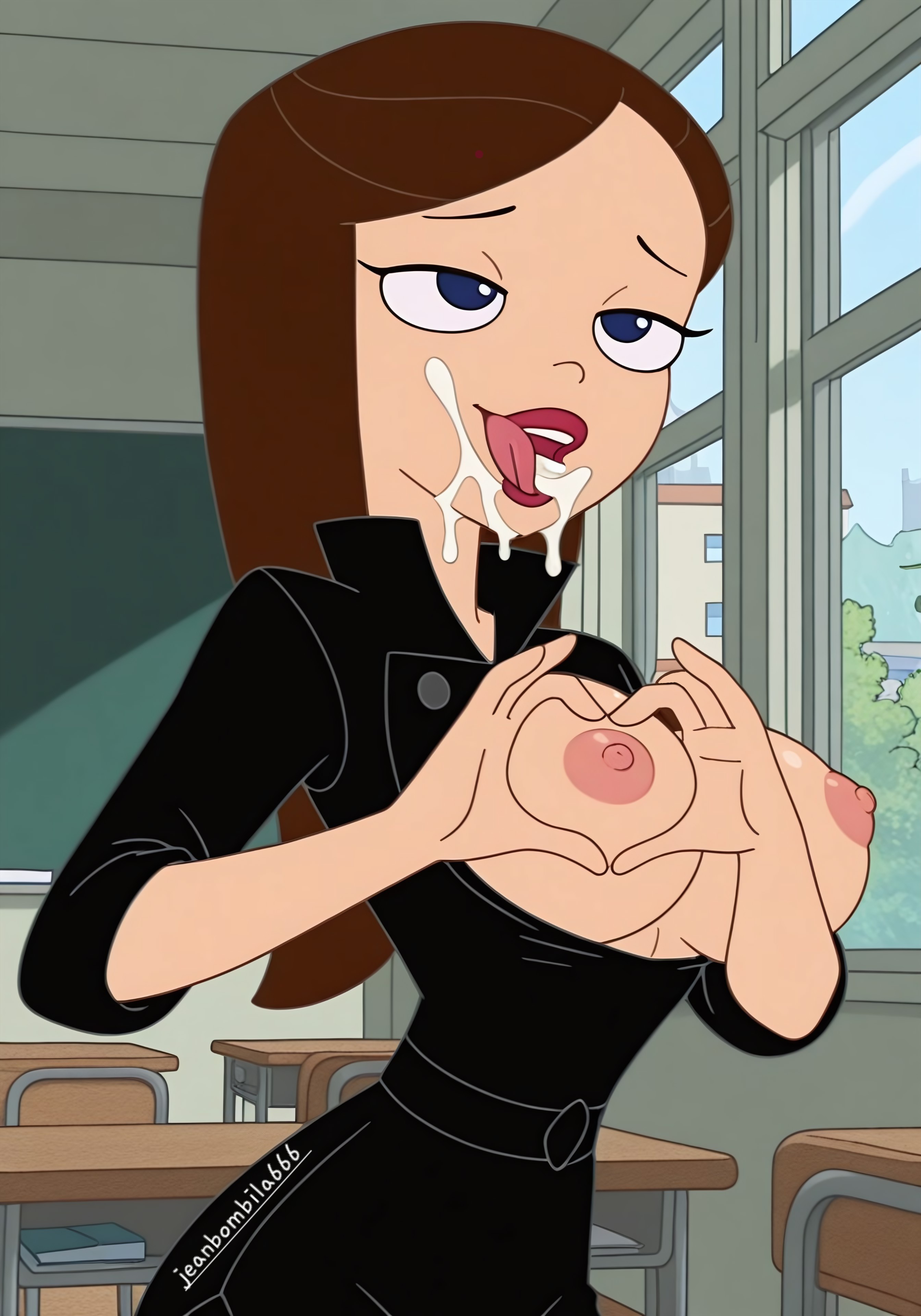 ai generated, big breasts, cum, cum in mouth, cum on breasts, cumshot, disney, disney channel, disney xd, female, female only, goth, goth girl, jeanbombila666, masturbation, phineas and ferb, pussy, pussy juice, semen, semen on body, semen on face, standing masturbation, vanessa doofenshmirtz