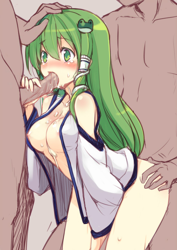 ass ass_grab blush bottomless breasts cum cum_in_mouth cum_on_body cum_on_breasts cum_on_upper_body detached_sleeves fellatio female frog_hair_ornament green_eyes green_hair hair_ornament hair_tubes hand_on_ass heart human long_hair male masturbation minamura_haruki nipples no_bra oral penis sanae_kochiya sex snake straight touhou uncensored