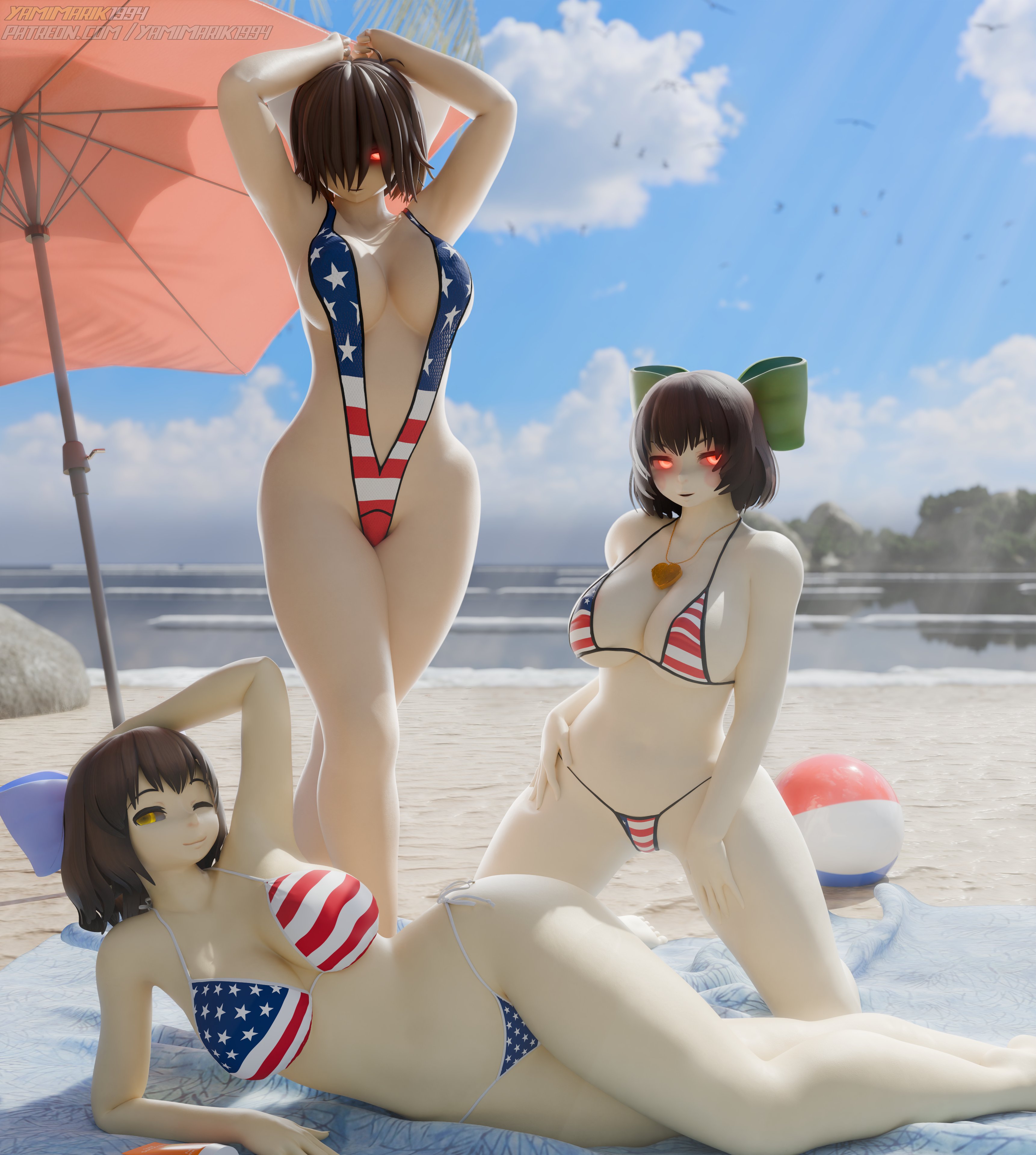 3d, american flag bikini, beach, bikini, chara, chara (undertale), deltarune, female, female chara, frisk, frisk (undertale), heart locket, kris (deltarune), kris female (deltarune), sling bikini, text, undertale, undertale (series), yamimarik1994, yellow eyes