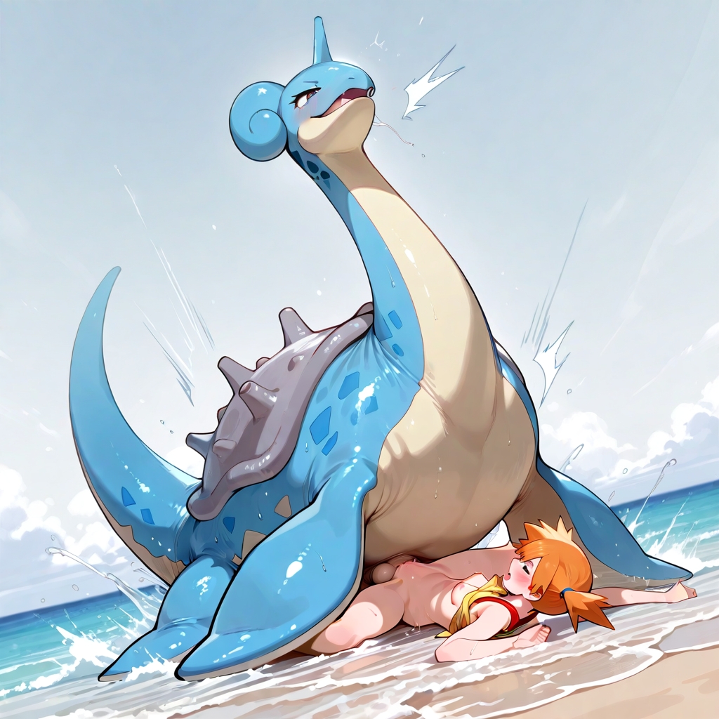 ai, ai art, ai assisted, ai generated, beach, bestiality, blush, breasts, breasts out, female human/male pokemon, game freak, generation 1 pokemon, greymaker, interspecies, interspecies sex, kasumi (pokemon), lapras, lying on back, male pokemon, male pokemon/female human, missionary, missionary position, misty (pokemon), nintendo, no bra, no panties, no pants, ocean, orange hair, pokemon, pokemon (anime), pokemon (classic anime), pokemon (creature), pokemon (species), pokephilia, sex, short hair, side ponytail, small breasts, spread legs, water, wide spread legs