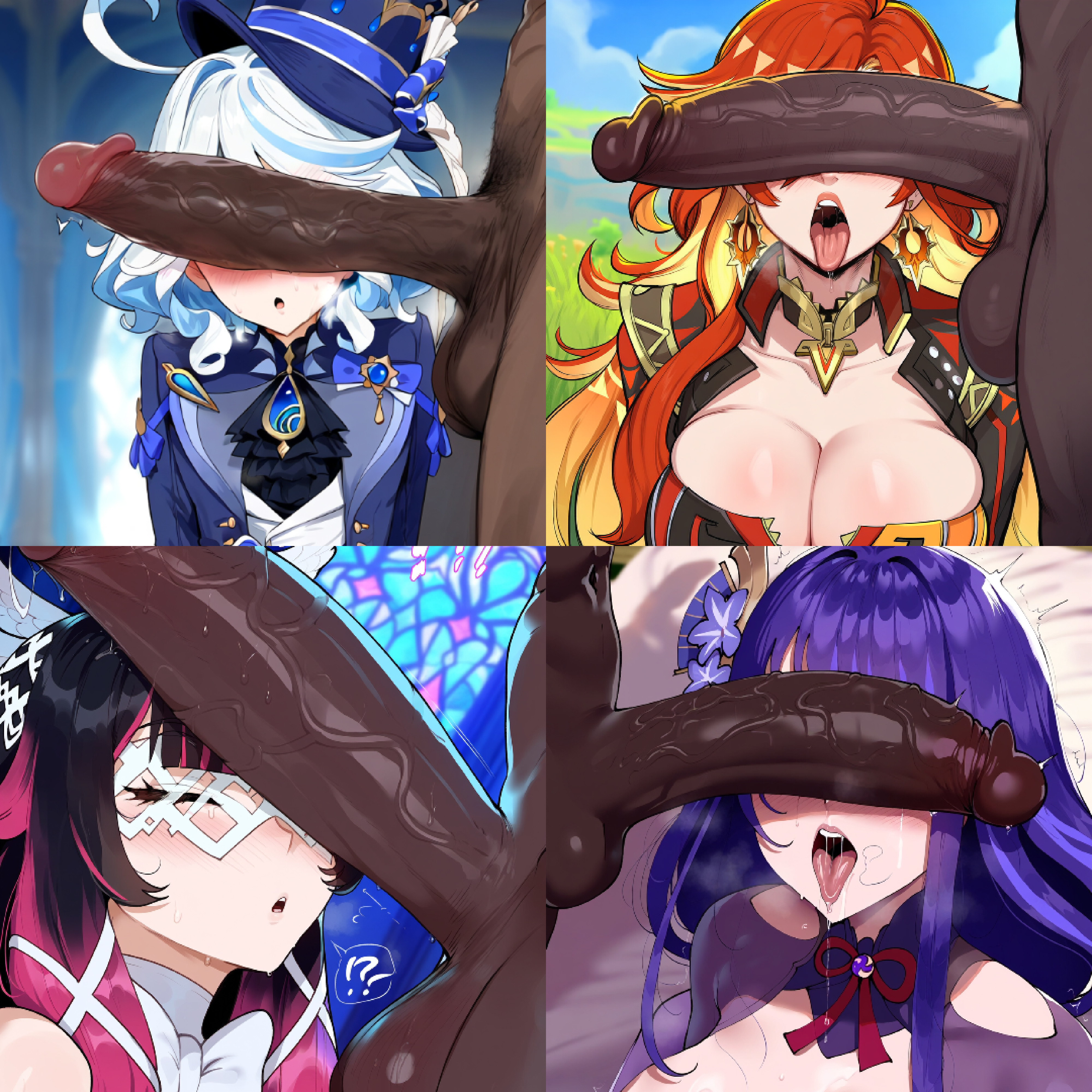 4girls, 4koma, ahoge, ai generated, big breasts, big cock, big penis, blush, breasts, cant see the haters, columbina (genshin impact), dark-skinned male, eyes closed, female, furina (genshin impact), genshin impact, hat, hoyoverse, interracial, male, mavuika (genshin impact), mihoyo, mixed hair color, multiple girls, multiple males, multiple penises, offscreen male, penis, purple hair, raiden shogun, red hair, tongue, tongue out, white hair