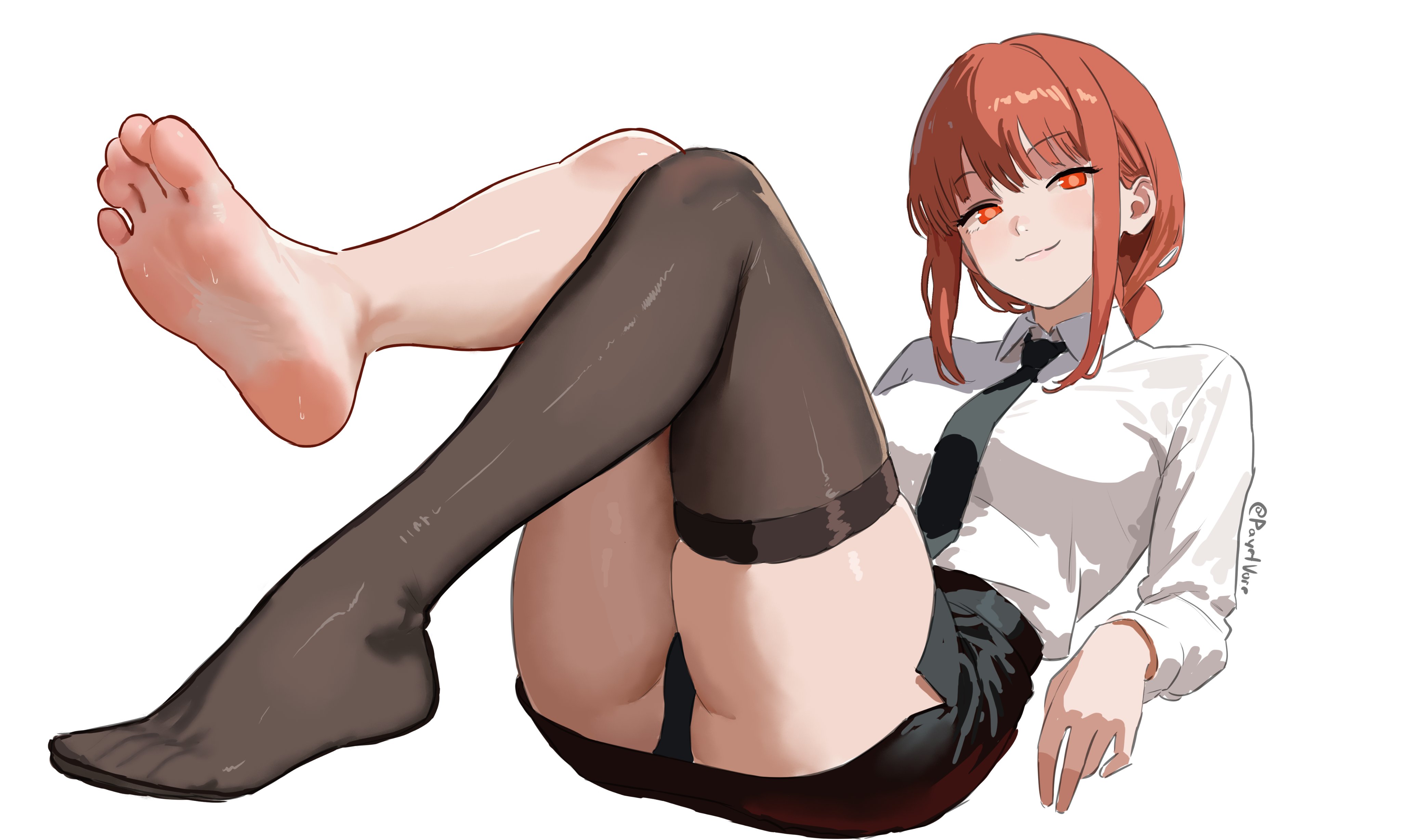 1girls, 2d, 2d (artwork), barefoot, chainsaw man, clothed, clothed female, feet, female, female focus, female only, light skin, light-skinned female, looking at viewer, makima (chainsaw man), payetvore, red eyes, red hair, red hair female, redhead female, socks
