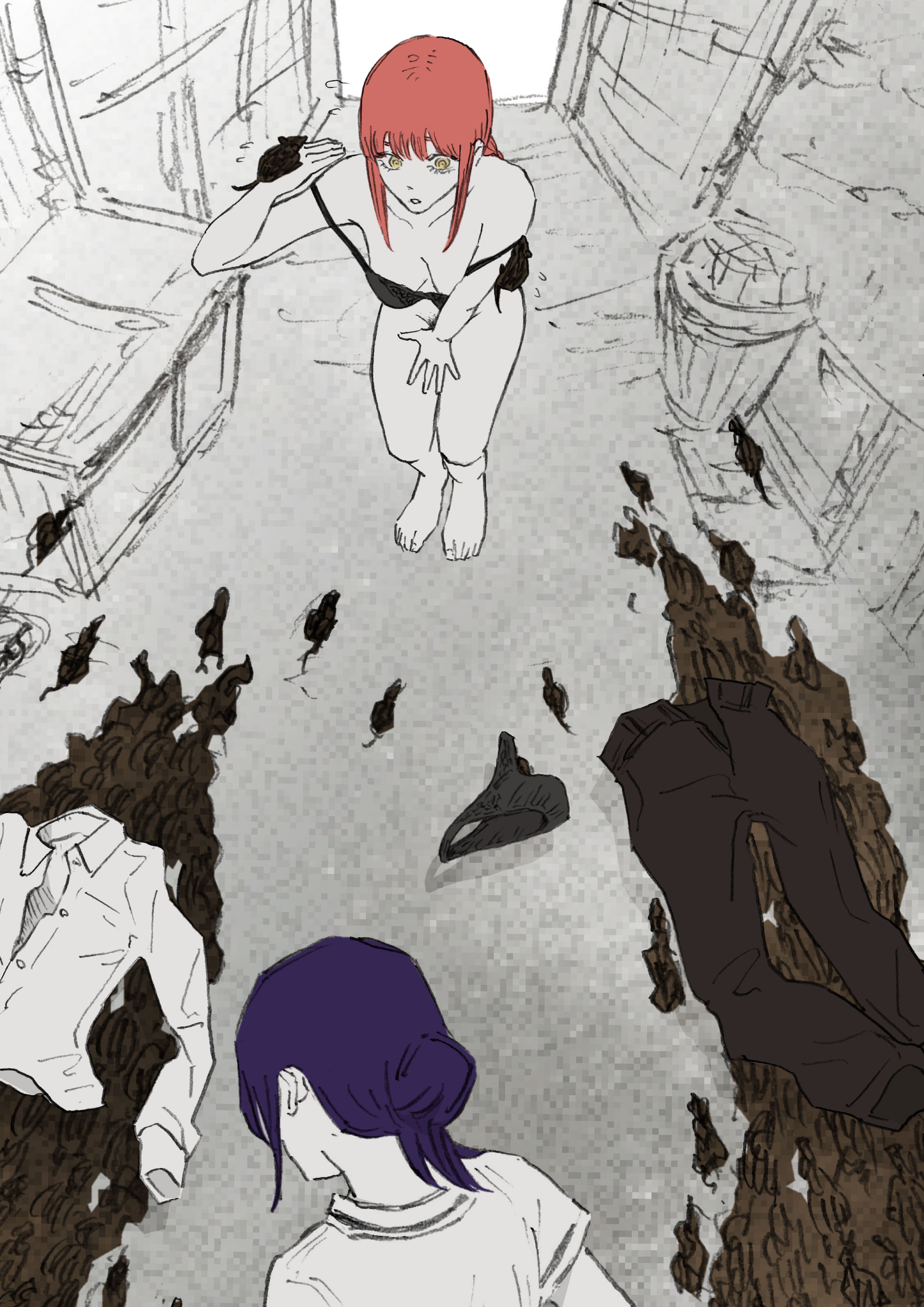 2girls, accidental exposure, alley, almost naked, barefoot, bent knees, black panties, bottomless, bra only, breasts, chainsaw man, clothes removed, covering, covering crotch, covering self, embarrassed, embarrassed nude female, enf, feet, female, female only, hand on crotch, makima (chainsaw man), nude, nude female, outdoor nudity, outdoors, panties, pants, parody, pubic hair, public, public nudity, purple hair, rat, red hair, reze (chainsaw man), scene reference, senaka look, shirt, sketch background, stripped, undressed, wardrobe malfunction