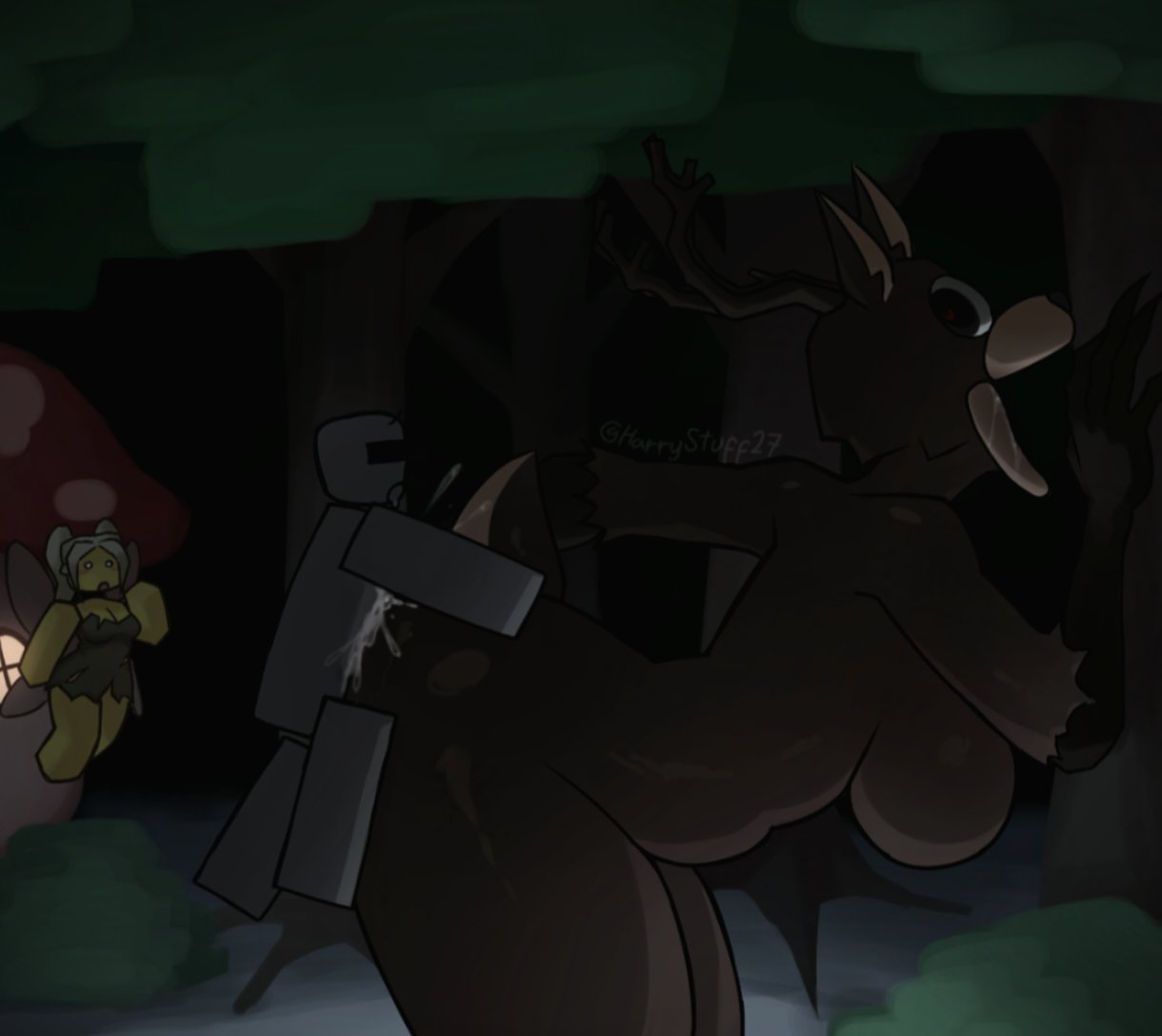 1boy, 1girls, 99 nights in the forest, ambiguous penetration, anthro, ass, background character, blocky body, breasts, cum, cum inside, cum splatter, deer (99 nights in the forest), fairy (99 nights in the forest), from behind, harrystuff27, roblox, roblox game, robloxian, size difference, source request, straight, tagme, thighs