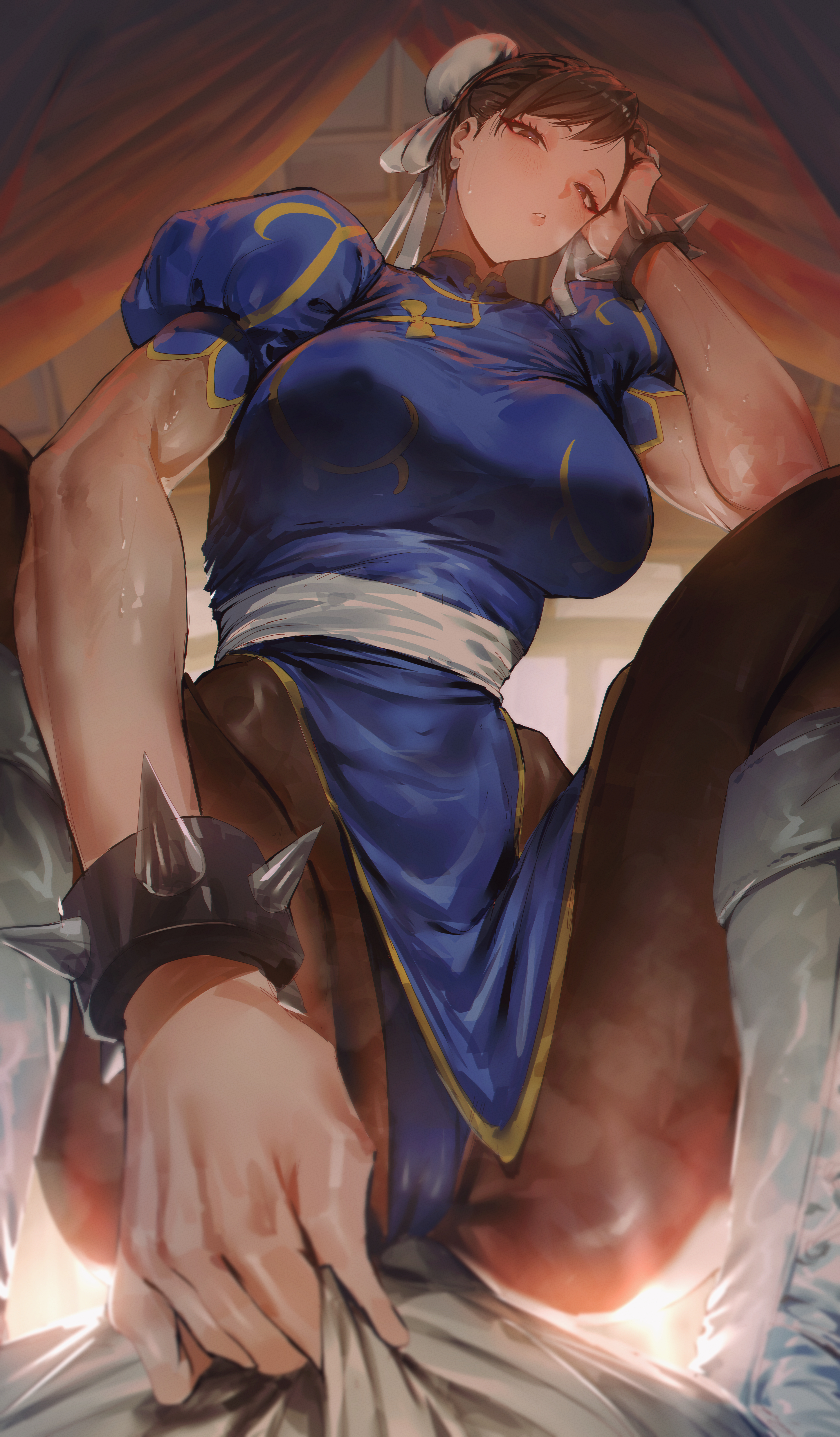 1boy, 1girls, absurdres, before sex, blush, boner, boots, breasts, brown eyes, brown hair, brown pantyhose, bun cover, cameltoe, capcom, chun-li, commentary, cowgirl position, erection, from below, highres, knee boots, large breasts, looking at viewer, looking down, milf, pantyhose, parted lips, puffy short sleeves, puffy sleeves, rororo, ryu (street fighter), short hair, short sleeves, solo, squatting, street fighter, street fighter ii, sweat, thighs, voluptuous, voluptuous female, white boots