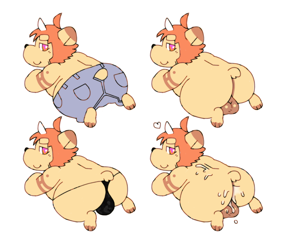 ass balls chubby clothing croix cum cum_in_ass cum_inside furry gay hair looking_back male no_humans nude orange_hair pants pink_eyes plain_background tehweenus thong white_background