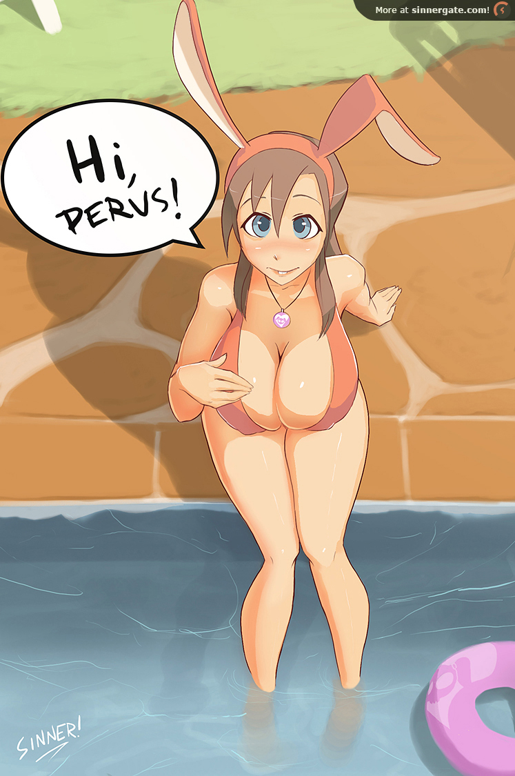 bikini, blue eyes, blush, breasts, brown hair, bunny ears, cleavage, female, hair, hairband, huge breasts, large breasts, long hair, looking at viewer, pendant, pool, sillygirl, sitting, solo