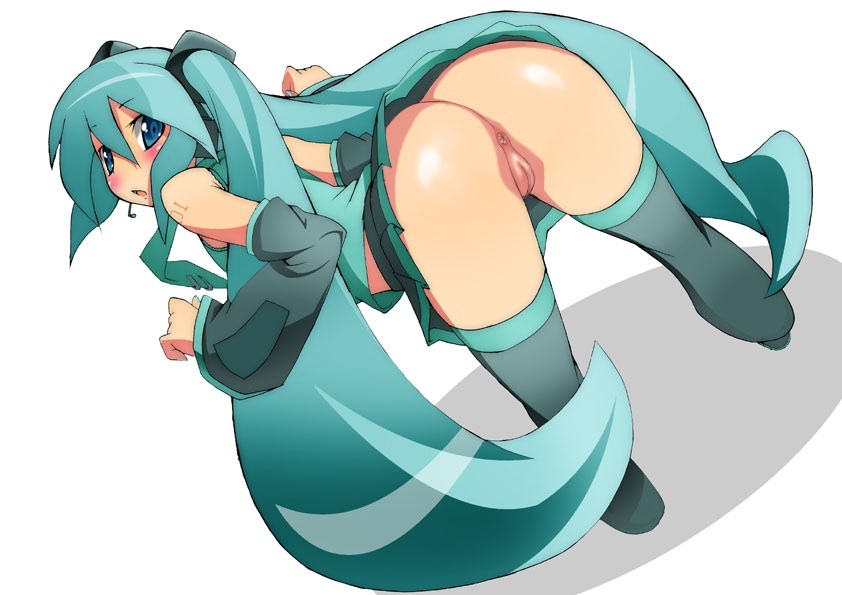 1girl, anus, aqua eyes, aqua hair, ass, bent over, blue eyes, blush, detached sleeves, female, from behind, hatsune miku, long hair, looking back, no panties, nopan, pussy, skirt, solo, thighhighs, tied hair, toudori, twintails, uncensored, vagina, very long hair, vocaloid